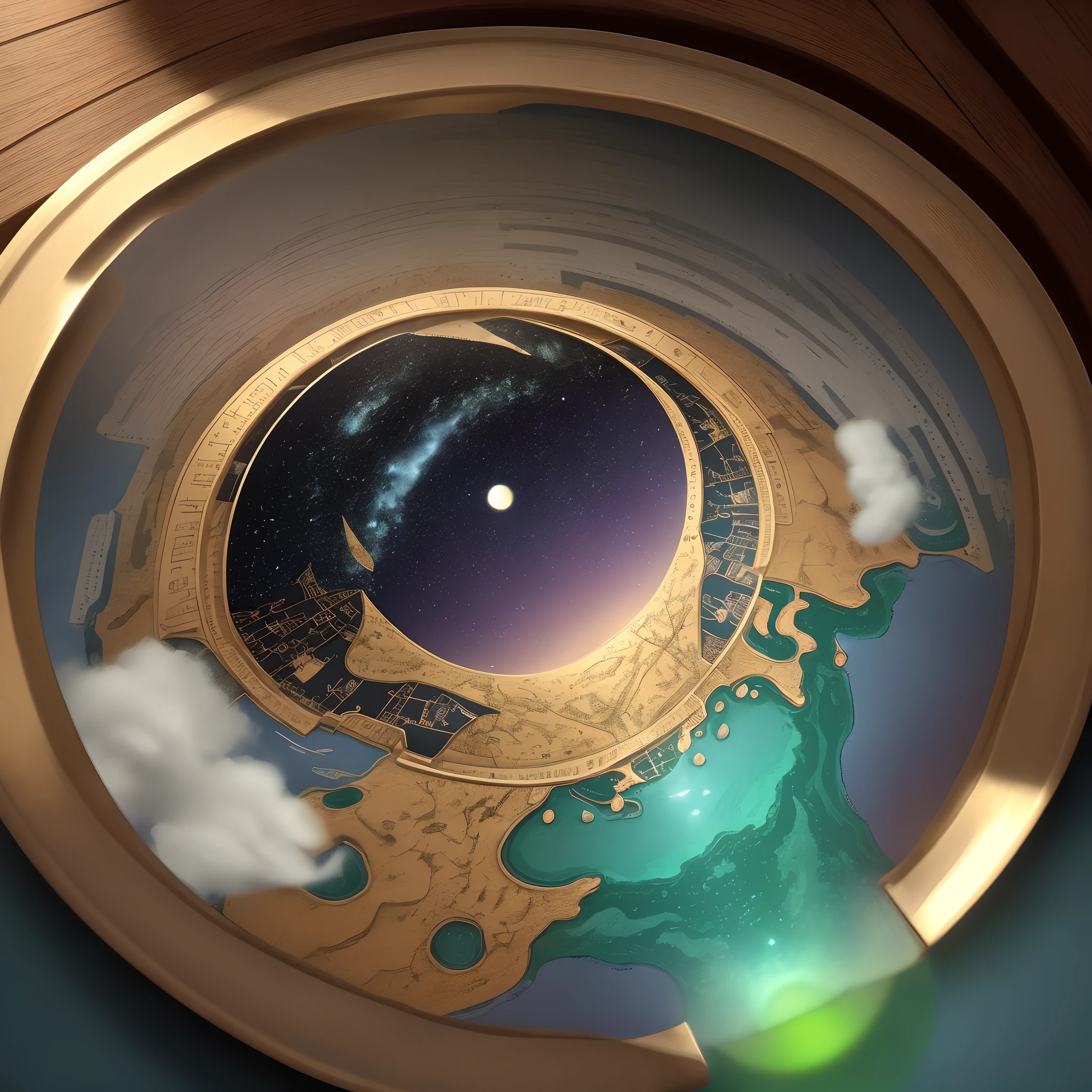 Planeta Terra:
Dimensions: Diameter of approximately 500 pixels.
position: Localizado no canto inferior esquerdo, com cerca de 70% of the visible planet, estendendo-se para fora do banner.
Detalhes Visuais: Presents a realistic look with predominant shades of blue and green. The lands and oceans are clearly visible, and there's subtle lighting coming from the right, criando um leve brilho no lado esquerdo.
Efeitos: The surface of the planet has a slight texture, cloud details and subtle shadows to give a sense of depth.
2. Lupa:
Dimensions: Comprimento total (incluindo cabo) de cerca de 400 pixels, lens with a diameter of approximately 250 pixels.
position: Suspensa no canto superior direito, slightly tilted as if in an invisible hand.
Detalhes Visuais: Polished wooden handle with visible texture. Golden metal rim with ornate details. The lens magnifies a portion of the space, showing constellations.
Efeitos: Subtle reflections in the lens indicating starry space being observed.
3. Trajectory:
Dimensions: A largura do caminho pontilhado varia, But each point is about 10 pixels in diameter.
position: It starts on the right side of planet Earth and meanders through the banner towards the magnifying glass.
Detalhes Visuais: Feito de estrelas ou pontos luminosos, representando a trilha de descoberta.
Efeitos: Cada ponto brilha sutilmente, alguns maiores que os outros, symbolizing different distances or importance.
4. Secondary Icons:
Dimensions: Each icon varies, but none should exceed 150 pixels in its largest dimension.
position: Spread evenly along the trajectory.
Detalhes Visuais:
ciencia: Transparent test tube with a bubbling green liquid.
story: Ancient parchment with visible writing.
Natureza: Folha verde detalhada com gotas de orvalho.
Geografia: Antique compass with gold and silver details.
Efeitos: Soft shadows under each icon to give three-dimensionality.
Este detalhamento visa proporcionar