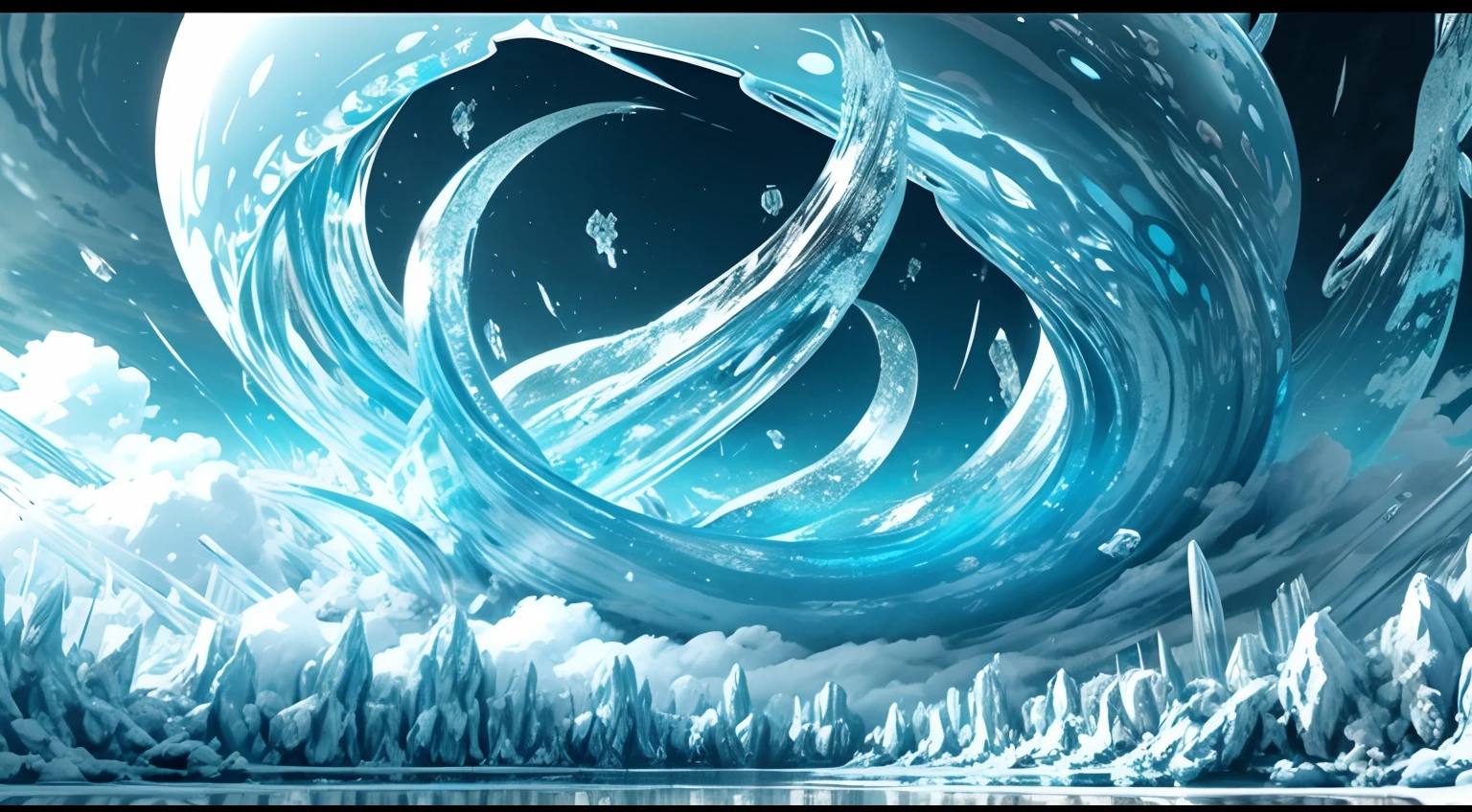 Many huge icicles descend from the clouds,Contact the surface of the lake,Alien Chaos landscape,