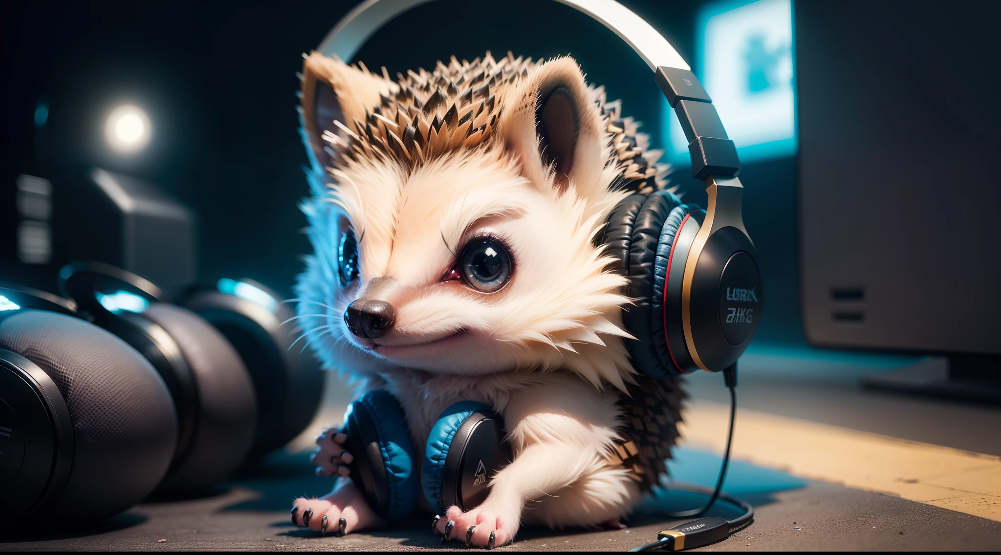 a hedgehog ((animal)) com headphones 8k