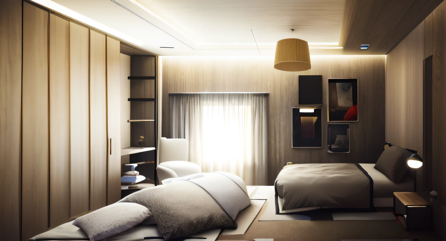 (8k、top-quality、masterpiece:1.2)、(realisitic、Photorealsitic:1.37)、ultra-detailliert、top-quality、超A high resolution、professionally lit、Photon Mapping、Radio City、physically-based renderingt、Cinematic Lighting、depth of fields,Focusing,Sun'rays,Good composition,(Bokeh:1.2),
view of a bedroom with a bed, chair, and a desk, concept eclectic, interior design, inside of a bedroom, an interior of room, concept house, concept illustartion, inspired by Reinier Nooms, simple ceiling, bed room, bright render, detailed rendering, rendering, 3 d rendering, 3d rendering, whole room, concept drawing
