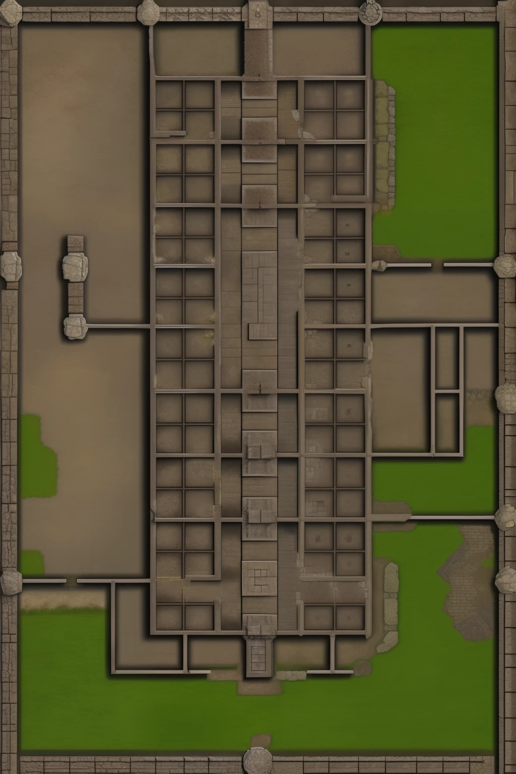 dnd 5e 2d battle map on a grid. Ancient Scottish Castle. Gray Walls. Torch-lit hallways. Abandoned rooms.