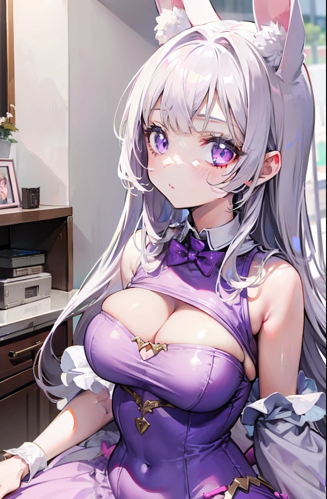 Cute rabbit girl,Silvery-white pupils,Pink purple dress,Juvenile face,But breast enlargement and slimming waist,The figure is good