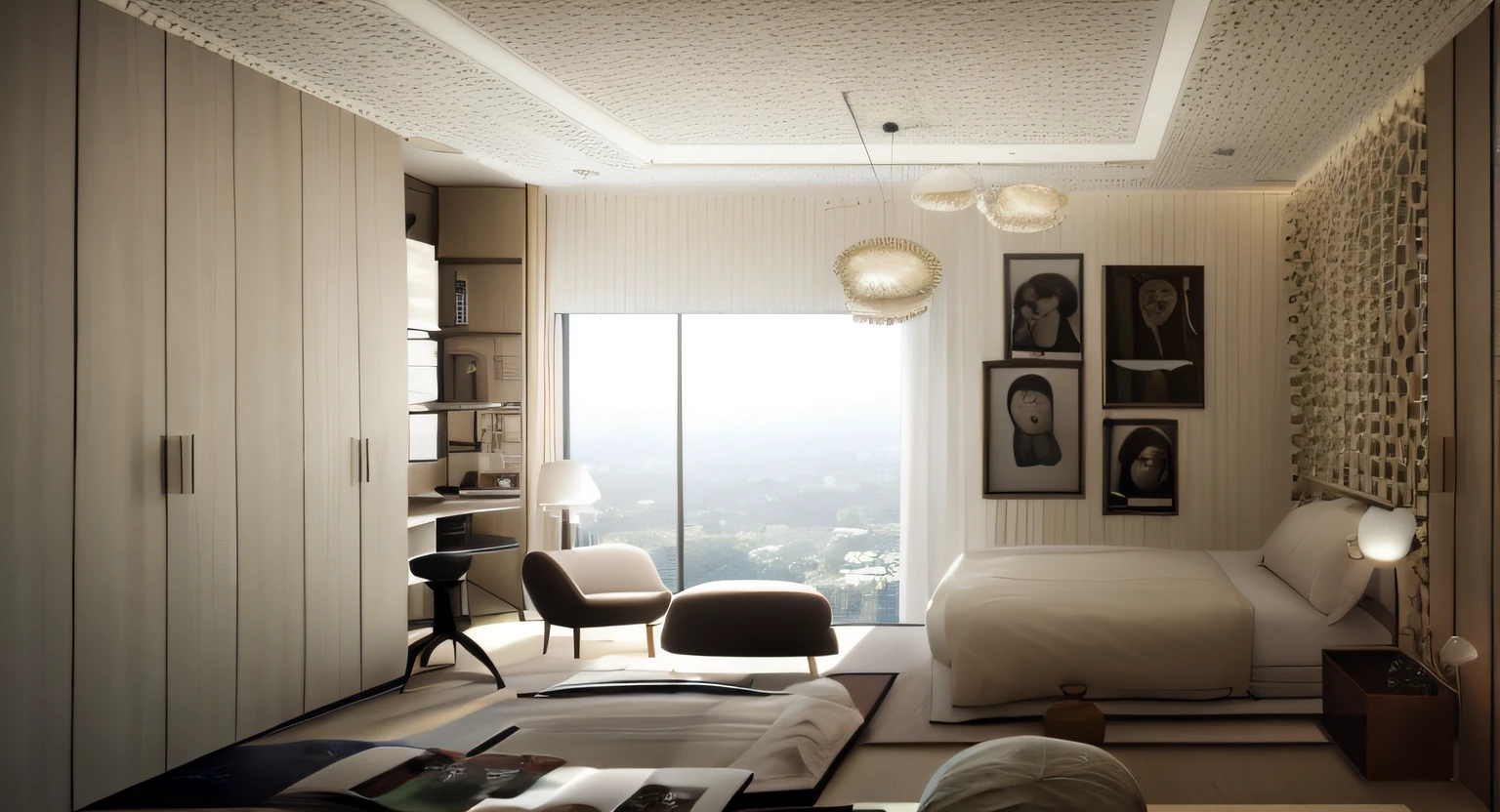 (8k、top-quality、masterpiece:1.2)、(realisitic、Photorealsitic:1.37)、ultra-detailliert、top-quality、超A high resolution、professionally lit、Photon Mapping、Radio City、physically-based renderingt、Cinematic Lighting、depth of fields,Focusing,Sun'rays,Good composition,(Bokeh:1.2),
view of a bedroom with a bed, chair, and a desk, concept eclectic, interior design, inside of a bedroom, an interior of room, concept house, concept illustartion, inspired by Reinier Nooms, simple ceiling, bed room, bright render, detailed rendering, rendering, 3 d rendering, 3d rendering, whole room, concept drawing
