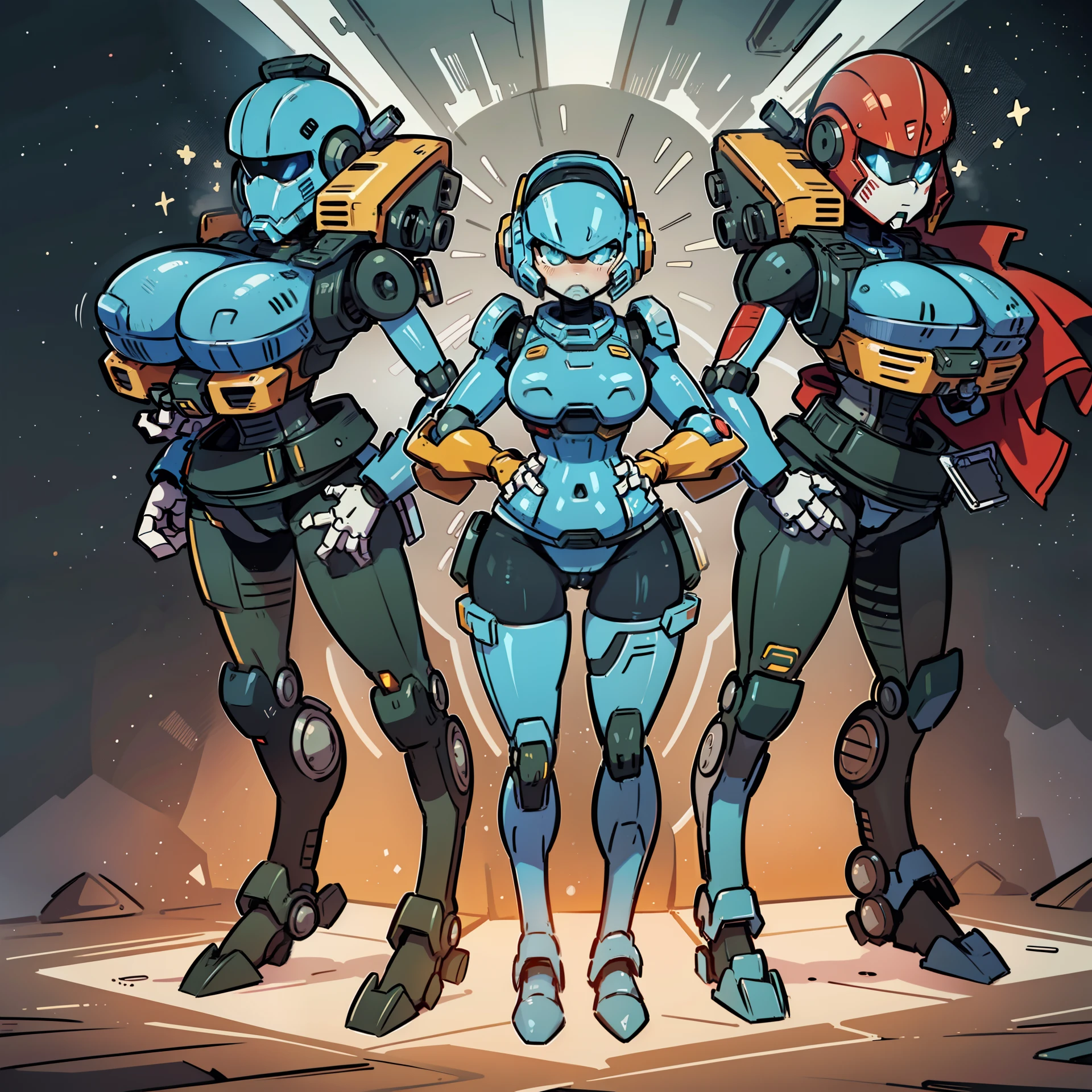 ((masterpiece)), best quality, huge boobs, fully robotic, gray skin, gray face, chibi mech, a cartoon anime style, toonish style (cute figure), (female, feminine figure, motherly, (boobs), butt, pretty, beautiful, sexy), The cute cartoonish robots had identical features - Helmet, gray face, big round eyes, shining eyes (color glow), shoulder pads, big breast plate, mecha box limbs, reimagine a female mecha space ranger soldier character with a strong and heroic appearance ready to show off their fighting skills, (futuristic armor suit:1.5), (positive expressions:2). Use the color scheme of metallic (girlish colors, girly colors) for her armor suit. sexy robots, seductive pose, captivating the audience, Emphasize the dynamic pose and the presence of her being a boss in the galaxies and stars in the to enhance the sense of his ready for anything in a space adventure. ready to go mecha