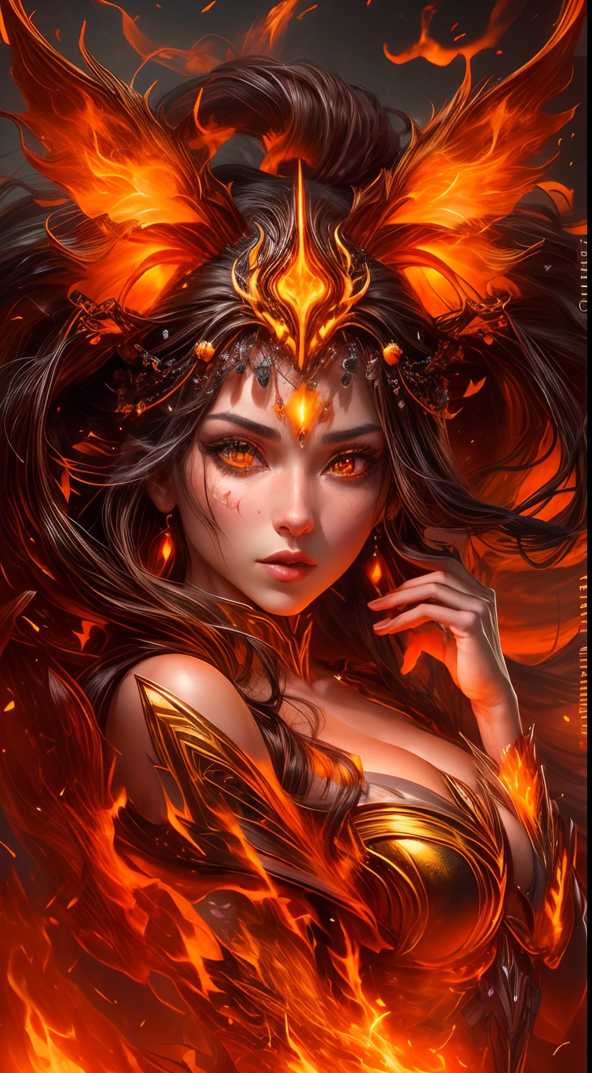This is a realistic fantasy artwork prominently featuring realistic fire, including wisps of flames, glowing hot embers, subtle curls of smoke, and a beautiful fire druid. The druid stands in the midst of a raging inferno with an interesting composition. Her face is expertly sculpted, with elegant and refined features and perfect shading and realistic skin texture. Her (orange and gold eyes) are stunning and are the focal point of this image. (Her eyes extremely detailed, beautiful detailed eyes, and macro). Her eyes feature intricate detailing with clearly defined irises and bright sclera. Her soft lips are smooth and very puffy, and her skin is adorned with a light flush and ornate fire detailing. Her long gown is stunning and expensive, and is made of pure flames and glittering, ornate jewels that glimmer in the fire light. Her billowing gown glitters from the flames and features a delicately and intricately embroidered bodice with wisps of flames running across it. Include fantasy elements like bumps, stones, fiery iridescence, glowing embers, silk, and an interesting background. Include fiery magical creatures such as fiery birds and fiery butterflies that give off a magical and mystical aura. Lighting: Utilize the latest trends in lighting to enhance the artwork's beauty. Camera: Utilize dynamic composition to create a sense of urgency and excitement. Take inspiration from the current masters of the fantasy genre, including trending artists on Artstation and Midjourney. ((masterpiece))