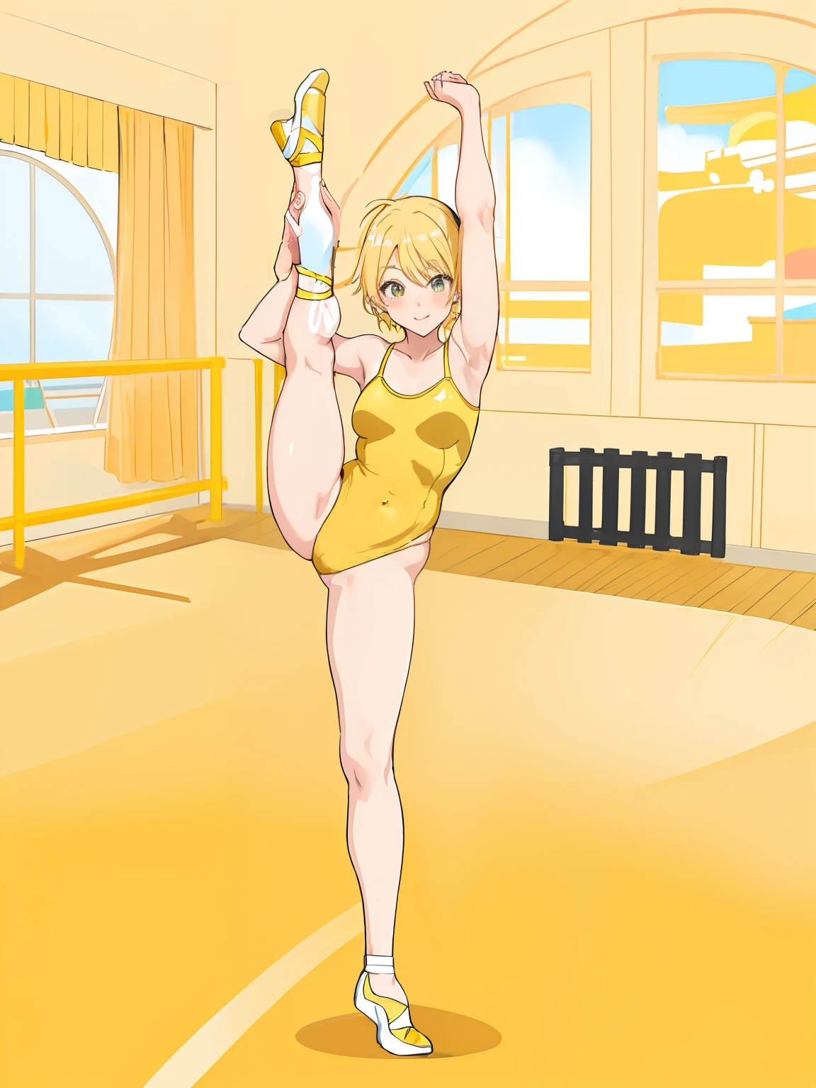 Man in yellow leotard doing yoga pose, anime pose, kawaii playful pose of a dancer, ballet style pose, wearing leotard, Short blonde anime boy, doing splits and stretching, full entire body fun pose, Strongest Pose, tip pose, ballet pose, frantic dancing pose, tendu pose, he is dancing. Realistic