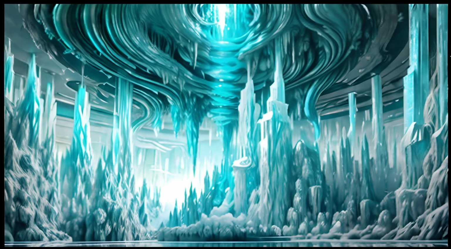 Many huge icicles descend from the clouds,Descend to the surface of the lake,Alien Chaos landscape,Rozaksky style