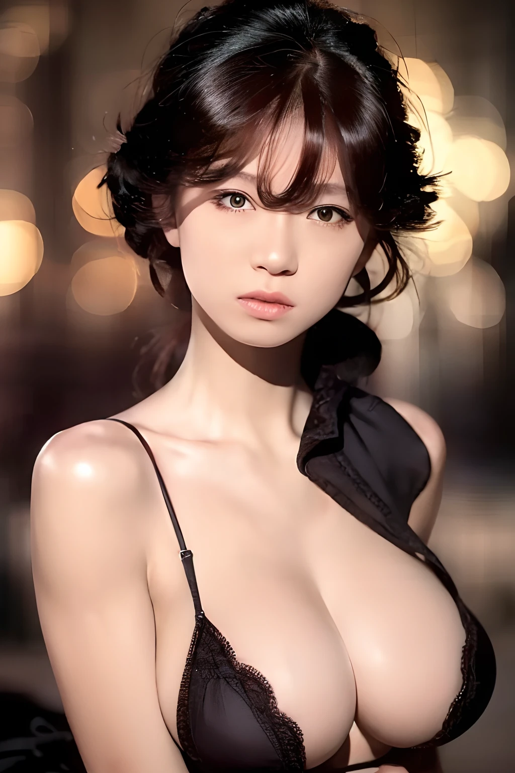 1 girl, solo, shiny skin, breasts, very detailed, super detailed, super high resolution, (photorealistic: 1.4), (best quality), (best shadows), details, perfect lighting, dark hair, long hair, (big breasts: 1.3),