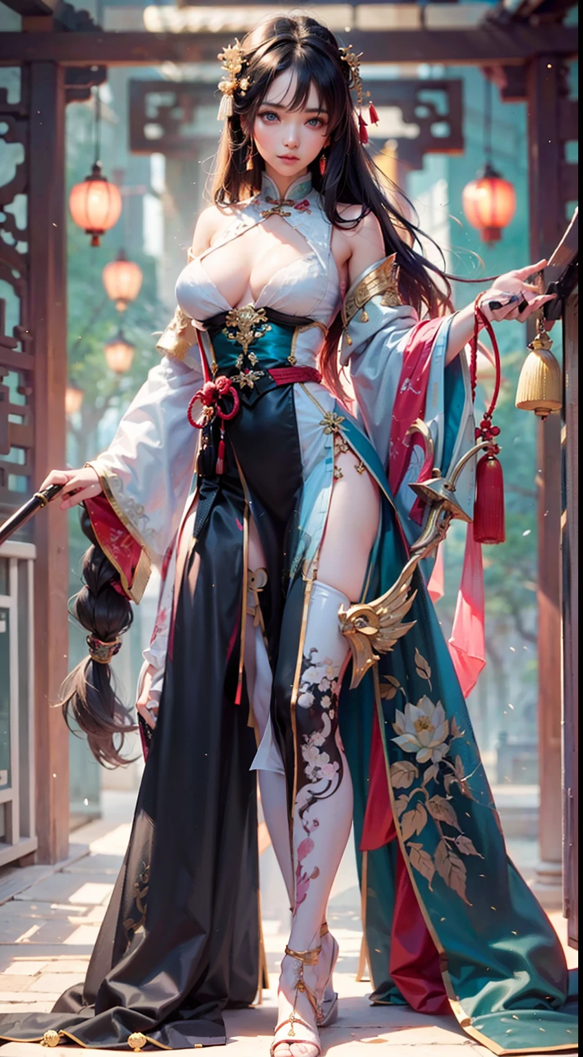 Ancient Chinese architecture,National style beautiful girl,Wear revealing Hanfu,Simple clothing, Minimalist style,Mixed Chinese and American races,The background is blurred out,focal,电影灯光,(((tmasterpiece))), ((best qualtiy)), ((Complex and detailed)), ((ultra-realistic realism)), Ridiculous resolution, A MILF, Mature woman, ssee-through, highly detailed, illustratio, 1girll, (mediuml breasts), Thin waist and thick hips,long leges,beatiful detailed eyes, short detailed hair, brunette color hair, a purple eye, blackstockings,lacy clothing,Skirt that wraps hips,tightsuit,with faintly visible,Cool clothing,The body proportions are perfect,(No underwear:1.2),detailed back ground, perfect eyes, Seductive eye, (nice hand),Detail hands,looking at viewert,From the front,Wear light,juicy legs,deep v big breasts,Chinese tattoos
