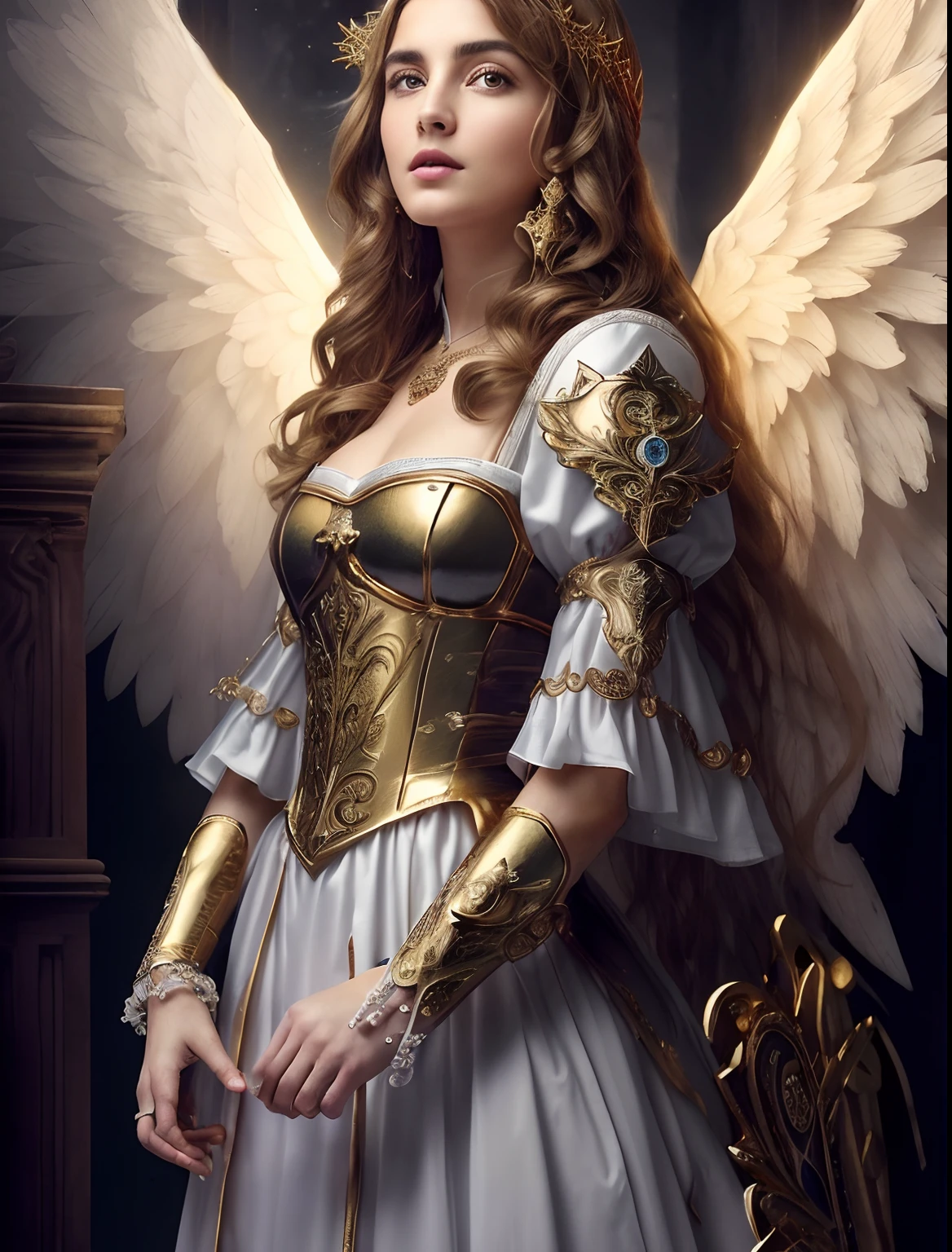 (((Holy GUARDIAN ANGEL. 19 years old))) (((IMAGEN VINTAGE RETRO))) ((( Con una cara seria y piadosa. Con una mirada dulce y tierna))) (obra maestra, calidad superior, mejor calidad, arte oficial, beautiful and aesthetic: 1.2), (1girl), extremadamente detallado, (Arte fractal: 1.3), colorido, highest detailed, Cara perfecta, parte superior del cuerpo, HDR, (orando: 1.3), (golden lines of white coat: 1.2), galaxia, (rayas de luz), eye-catching visuals, (dynamic stripes, senderos luminosos: 1.2), colores vibrantes,