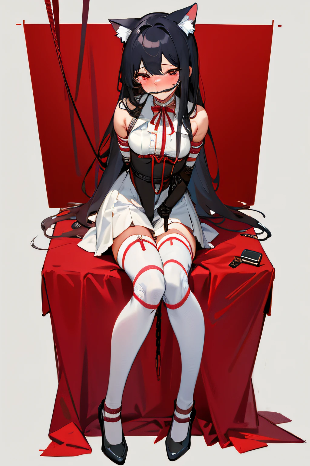 (Highest picture quality), (Master's work), (Detailed eye description), (8K wallpaper),(Detailed face description),on the bed
(imid shot:0.95), (full body:1.25),(solo:1.4),(1girl:1.2),cute and beautiful,((veru long hair)),arms_behind_back, ball_gag, bdsm, bondage, bound, bound_ankles, bound_arms, bound_legs, bound_wrists, box_tie, breast_bondage, crotch_rope, gag, gagged, red_rope, restrained, rope, shibari, shibari_over_clothes, tape_gag, shinomiya_kaguya, cloth_gag, improvised_gag, cleave_gag, tied_up_\(nonsexual\), bit_gag, suspension, bangs, frogtie, parted_bangs, tape, femdom, red_eyes, breasts, saliva, ribbon_bondage, nose_blush, white_legwear, dress, chained, looking_at_viewer, blush, 1girl, long_sleeves, ring_gag, spreader_bar, skindentation, looking_to_the_side, cat_ears, gloves, bare_shoulders, full_body, drooling