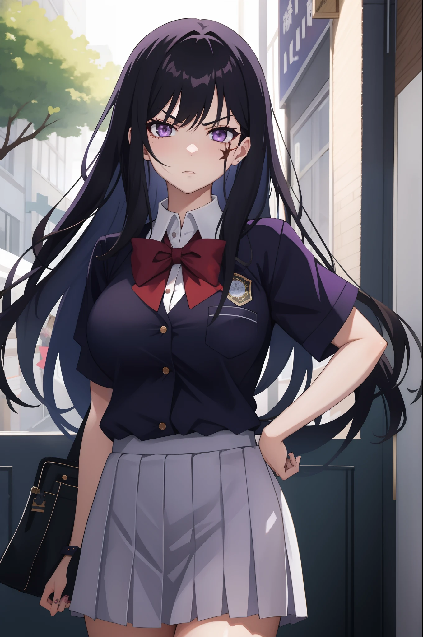 1girl, long hair, black hair, purple eyes, scar on face, serious, large breasts, school uniform, school