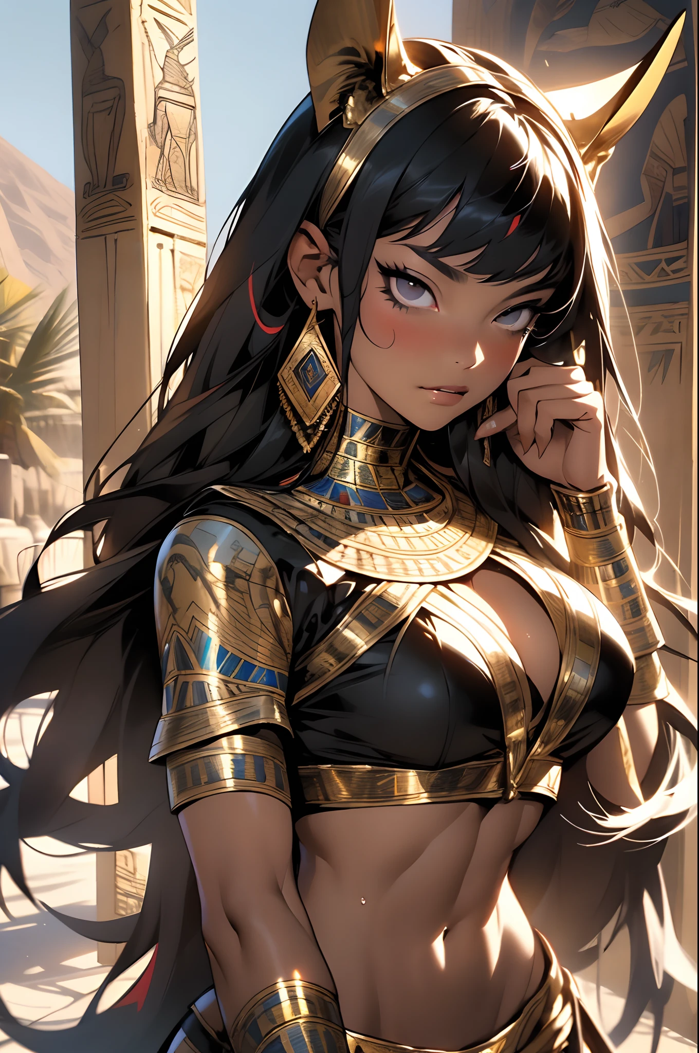 ((Frank Frazetta)), beautiful black woman, Beautiful black eyes、 Egyptian woman, (Glossy Egyptian ornaments), muscular and perfect body,(top-quality、8K、32K、masterpiece、nffsw:1.3)、超A high resolution,(Photorealsitic:1.4),, long black hair with heavy bangs on the forehead,,Ray traching,Sun glare,depth of fields,By backlight effect、Add depth to your screen、muscular body, Red veil, dark skin shiny with oil and sweat, Anubis warrior in small clothes, golden bra, Egyptian tattoo,, Large breasts, Generous cleavage, , A desert, pyramids in the background