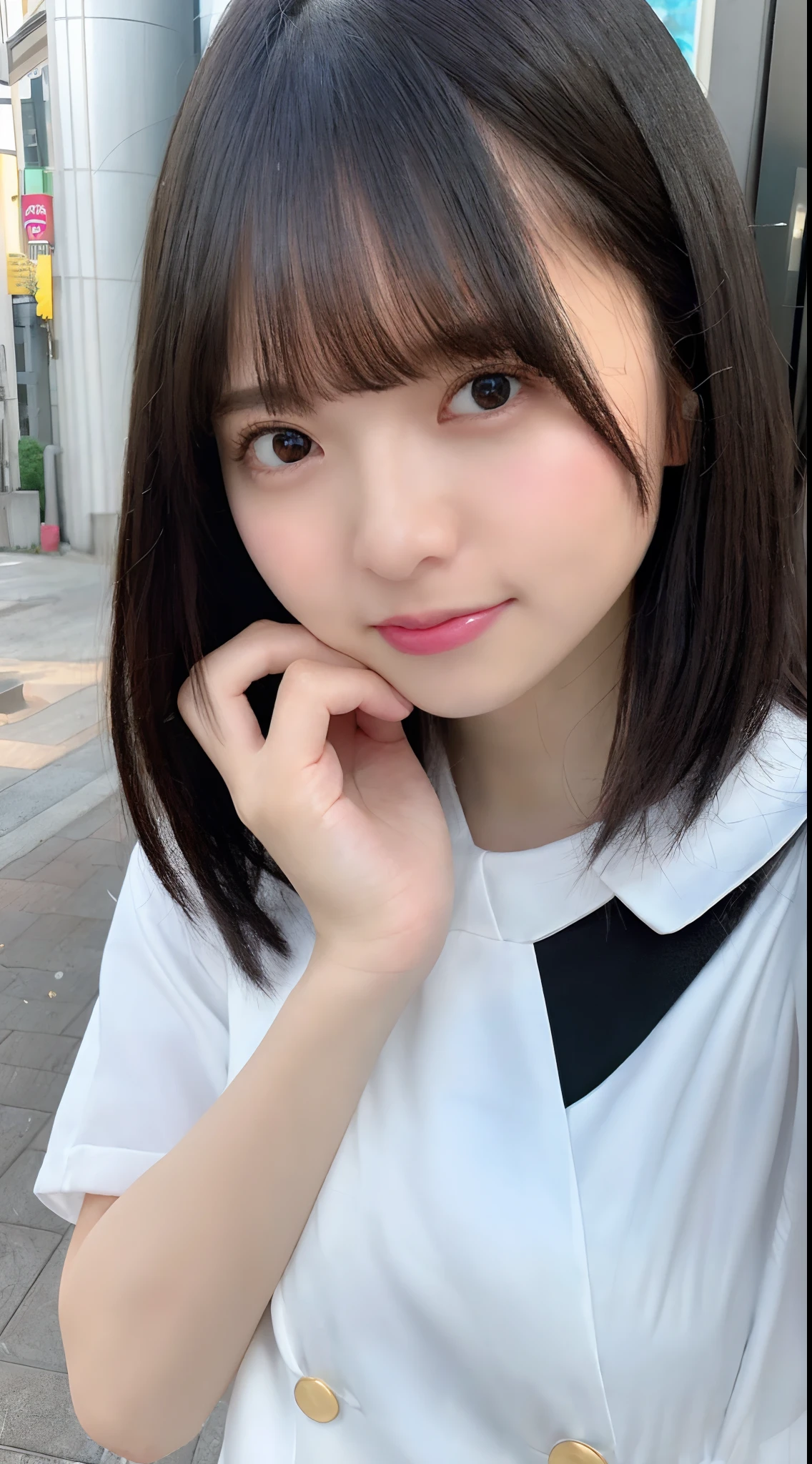 Fellatio gestures　Pose　Paizuri gesture　bob cut、One girl sticking out her tongue about 6cm, focus the eyes clearly, nose and mouth,face focus, woman with open mouth and closed eyes,16 years old,black hair、realistic nostrils、elongated C-shaped nostrils,shiny skin　skin shining with sweat、shiny skin、（white liquid on the tongue)、((dark eyebrows))、A long, wet and shiny tongue、Woman with beautiful face and long wet tongue covered in foam、Beautiful woman、roll your eyes　Head rises,Winter black sailor uniform　　smile　high school student　Japanese　no makeup　bangs　looking at the camera　facing forward　Titty fuck pose with huge breasts　 cute,  beautiful details, Handjob pose with left arm　beautiful detailed girl, very detailed目と顔, detailed and beautiful eyes ((日本のhigh school studentの標準的なセーラー制服)), very detailed, wonderful, small details, best quality, light shines on your face、16 years oldの女の子、Open your mouth and stretch your tongue out　Lewd face