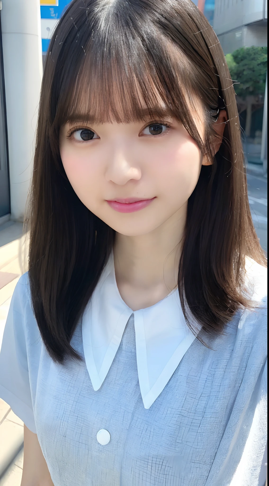 A portrait of a young woman with a soft expression, large almond-shaped eyes with light brown irises, and a small, well-defined mouth with a subtle smile. She has long, wavy chestnut hair with highlights, styled with a natural parting and soft bangs that frame her face. Her skin is fair with a gentle blush on her cheeks. She is wearing a simple white top with a round neckline, and a navy blue cardigan draped over her shoulders. The setting is urban and modern, with hints of a bustling city street in the background.