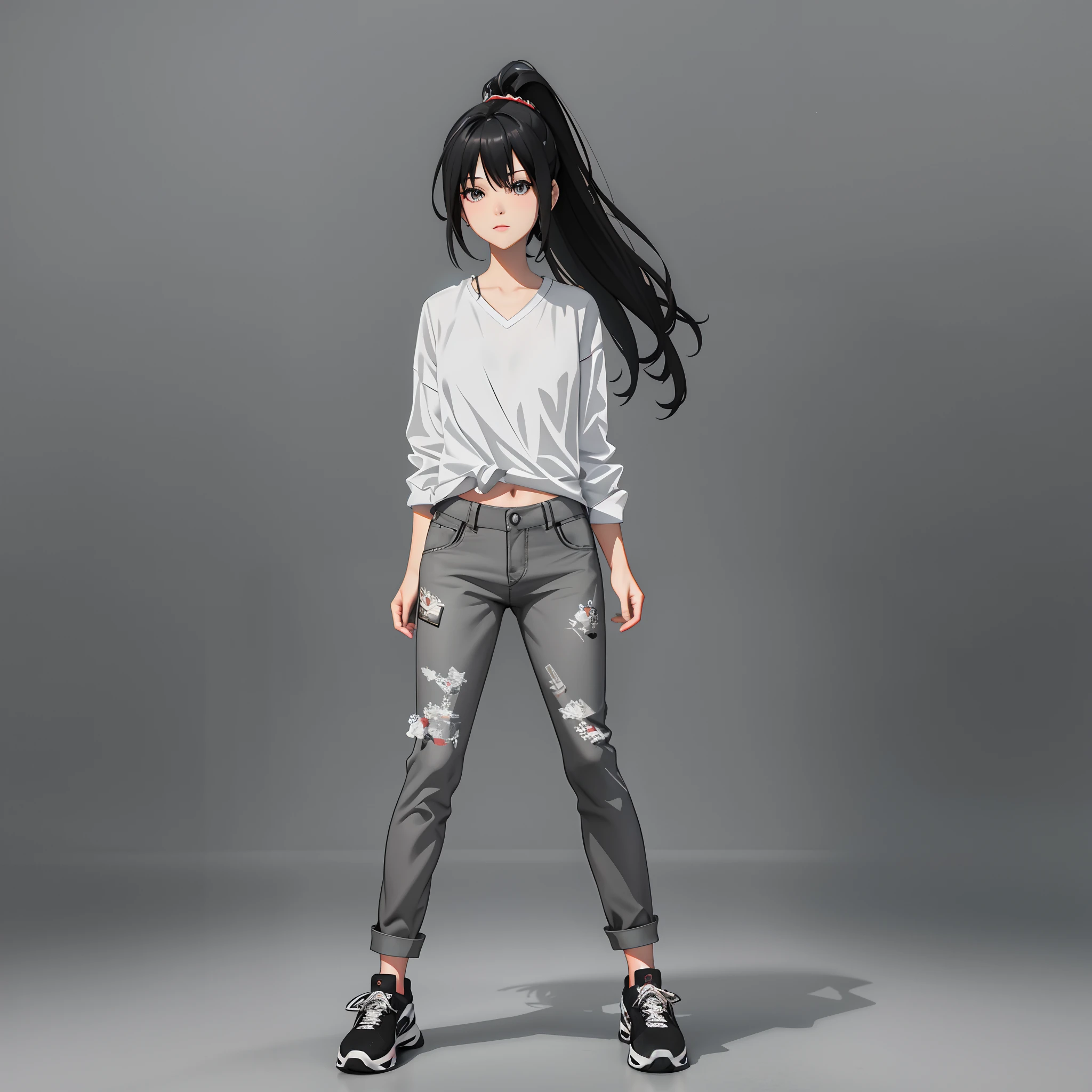 anime girl with long black hair and white shirt posing for a picture, Realistic anime 3 D style, female anime character, anime full body illustration, Single character full body, anime style character, anime styled 3d, Smooth anime CG art, official character art, anime figure, full body single character, anime vtuber full body model, photorealistic anime girl rendering