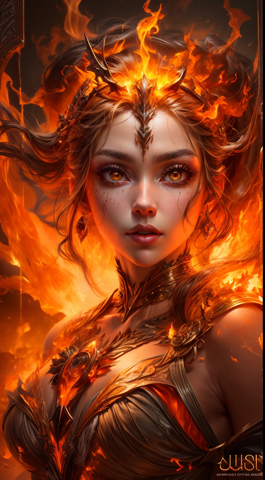 This is a realistic fantasy artwork prominently featuring realistic fire, including wisps of flames, glowing hot embers, subtle curls of smoke, and a beautiful fire druid. The druid stands in the midst of a raging inferno with an interesting composition. Her face is expertly sculpted, with elegant and refined features and perfect shading and realistic skin texture. Her (orange and gold eyes) are stunning and are the focal point of this image. (Her eyes extremely detailed, beautiful detailed eyes, and macro). Her eyes feature intricate detailing with clearly defined irises and bright sclera. Her soft lips are smooth and very puffy, and her skin is adorned with a light flush and ornate fire detailing. Her long gown is stunning and expensive, and is made of pure flames and glittering, ornate jewels that glimmer in the fire light. Her billowing gown glitters from the flames and features a delicately and intricately embroidered bodice with wisps of flames running across it. Include fantasy elements like bumps, stones, fiery iridescence, glowing embers, silk, and an interesting background. Include fiery magical creatures such as fiery birds and fiery butterflies that give off a magical and mystical aura. Lighting: Utilize the latest trends in lighting to enhance the artwork's beauty. Camera: Utilize dynamic composition to create a sense of urgency and excitement. Take inspiration from the current masters of the fantasy genre, including trending artists on Artstation and Midjourney. ((masterpiece))