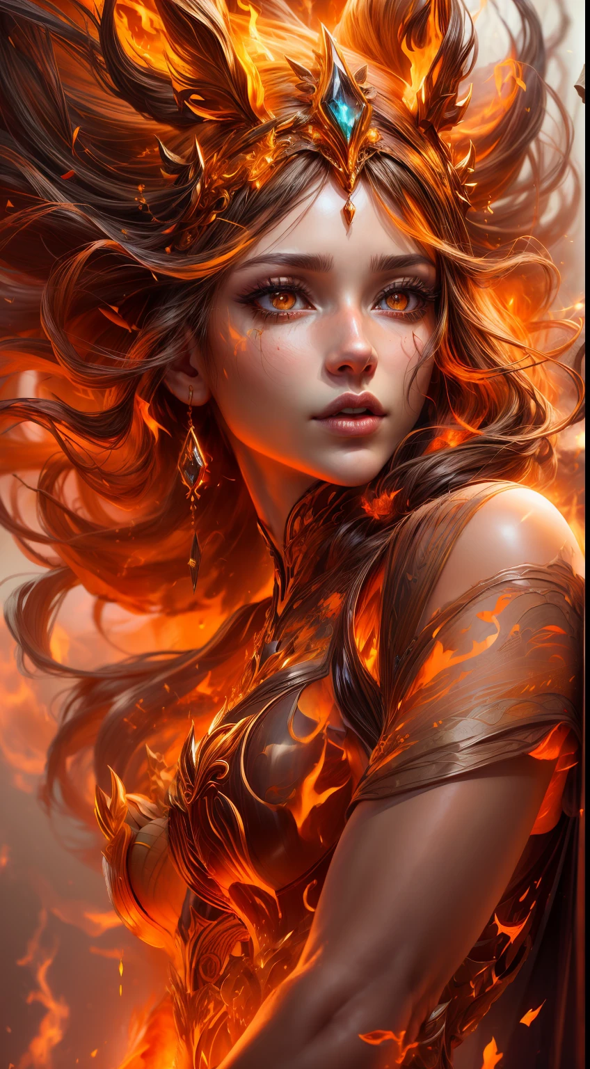 This is a realistic fantasy artwork prominently featuring realistic fire, including wisps of flames, glowing hot embers, subtle curls of smoke, and a beautiful fire druid. The druid stands in the midst of a raging inferno with an interesting composition. Her face is expertly sculpted, with elegant and refined features and perfect shading and realistic skin texture. Her (orange and gold eyes) are stunning and are the focal point of this image. (Her eyes extremely detailed, beautiful detailed eyes, and macro). Her eyes feature intricate detailing with clearly defined irises and bright sclera. Her soft lips are smooth and very puffy, and her skin is adorned with a light flush and ornate fire detailing. Her long gown is stunning and expensive, and is made of pure flames and glittering, ornate jewels that glimmer in the fire light. Her billowing gown glitters from the flames and features a delicately and intricately embroidered bodice with wisps of flames running across it. Include fantasy elements like bumps, stones, fiery iridescence, glowing embers, silk, and an interesting background. Include fiery magical creatures such as fiery birds and fiery butterflies that give off a magical and mystical aura. Lighting: Utilize the latest trends in lighting to enhance the artwork's beauty. Camera: Utilize dynamic composition to create a sense of urgency and excitement. Take inspiration from the current masters of the fantasy genre, including trending artists on Artstation and Midjourney. ((masterpiece))