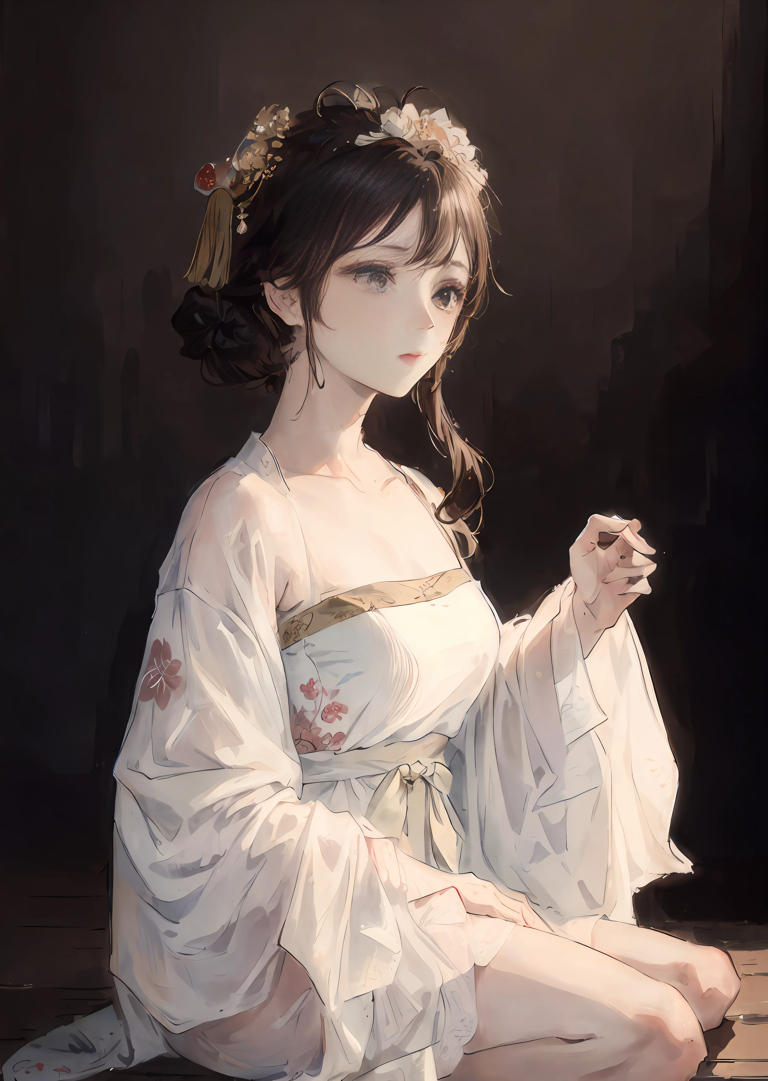 ((4K, Masterpiece, Best Quality)), shuimobysim, Chinese painting, lotus, hanfu, maxiskit, dress open1girl, solo, long brown hair, standing, chinese clothing, bandeau, light makeup, d-cup, loose, tight