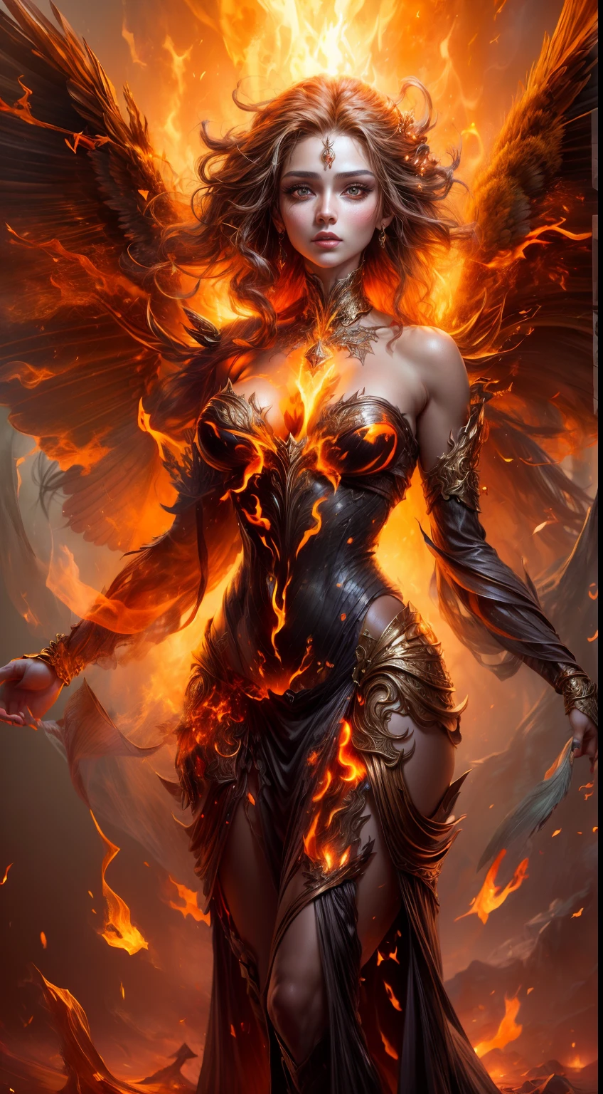 This is a realistic fantasy artwork prominently featuring realistic fire, including wisps of flames, glowing hot embers, subtle curls of smoke, and a beautiful fire druid. The druid stands in the midst of a raging inferno with an interesting composition. Her face is expertly sculpted, with elegant and refined features and perfect shading and realistic skin texture. Her (orange and gold eyes) are stunning and are the focal point of this image. (Her eyes extremely detailed, beautiful detailed eyes, and macro). Her eyes feature intricate detailing with clearly defined irises and bright sclera. Her soft lips are smooth and very puffy, and her skin is adorned with a light flush and ornate fire detailing. Her long gown is stunning and expensive, and is made of pure flames and glittering, ornate jewels that glimmer in the fire light. Her billowing gown glitters from the flames and features a delicately and intricately embroidered bodice with wisps of flames running across it. Include fantasy elements like bumps, stones, fiery iridescence, glowing embers, silk, and an interesting background. Include fiery magical creatures such as fiery birds and fiery butterflies that give off a magical and mystical aura. Lighting: Utilize the latest trends in lighting to enhance the artwork's beauty. Camera: Utilize dynamic composition to create a sense of urgency and excitement. Take inspiration from the current masters of the fantasy genre, including trending artists on Artstation and Midjourney. ((masterpiece))