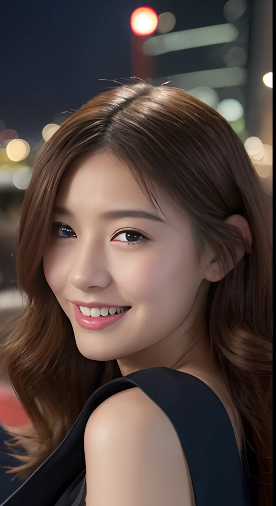 ((top-quality、8k、masterpiece:1.3))、1girl in、a smile、full bodyesbian、Slim Faces、Pretty women、(dark brown hair)、Full-length dresses:1.1、hyperdetailed face、A detailed eye、二重まぶた、background of night view、Slim Faces、城市