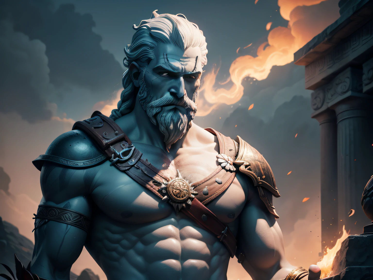 Paint a suggestive 8K image depicting a revered 3rd century Greek philosopher by.C., immortalized as a statue that reflects the epic aesthetic of 'God of War'. Position the statue in a suspenseful-soaked environment, its surroundings gently blurred to amplify its presence. Use grand lighting to cast intricate, sombras envolventes, Igniting the spirit of an epic adventure.