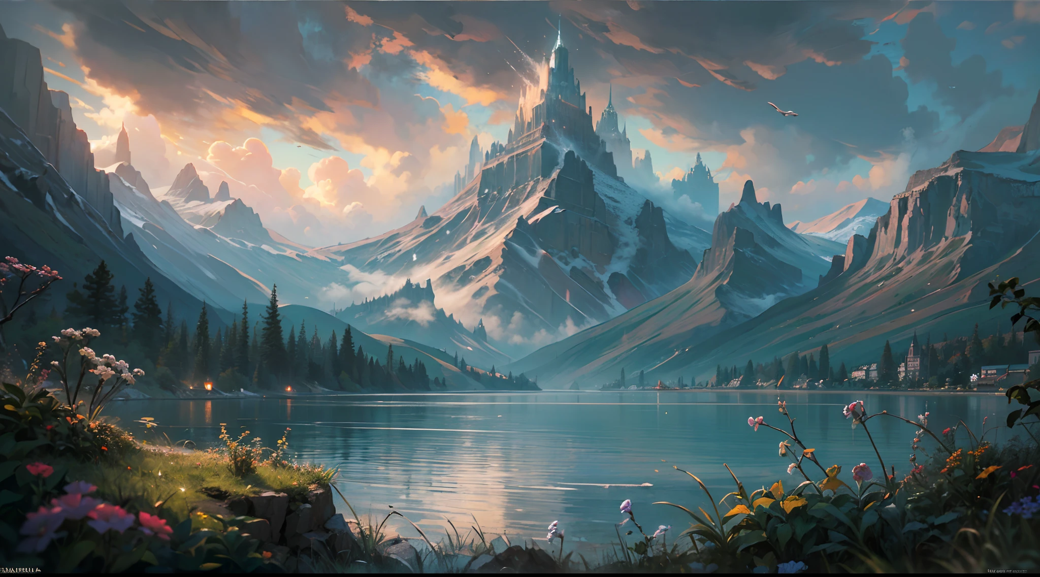 "(by Greg Rutkowski: 1.2), (masterpiece), (best quality), extremely delicate and beautiful, illustration, (fantasy landscape), A mesmerizing fantasy landscape with enchanting elements blending seamlessly. (Majestic mountains rise in the distance), adorned with vibrant flora and cascading waterfalls. The sky is awash with hues of purple and gold, reflecting off the tranquil lake below. A sense of tranquility and wonder fills the air, inviting exploration and discovery, depth of field, HDR, intricate, delicate"
