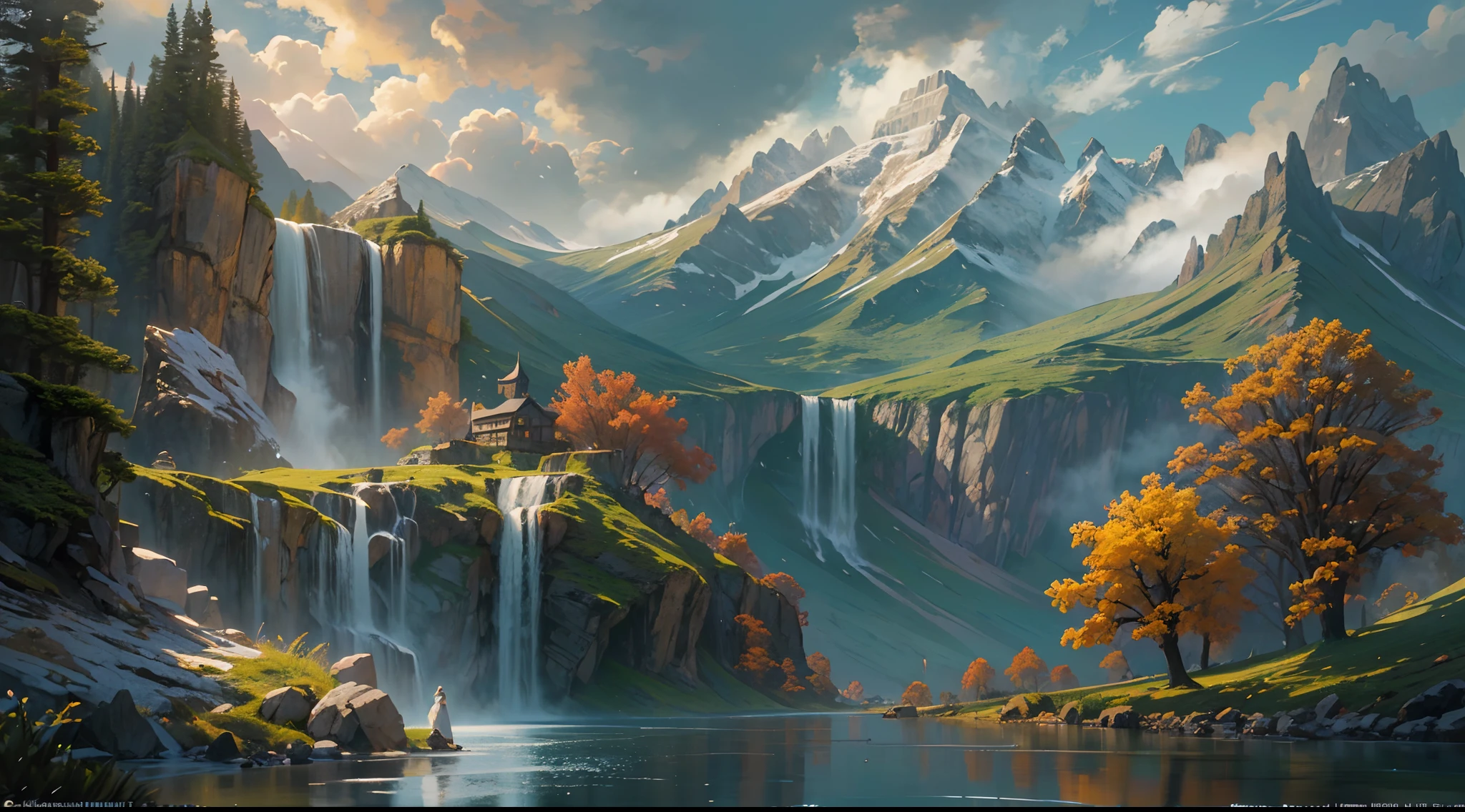 "(by Greg Rutkowski: 1.2), (masterpiece), (best quality), extremely delicate and beautiful, illustration, (fantasy landscape), A mesmerizing fantasy landscape with enchanting elements blending seamlessly. (Majestic mountains rise in the distance), adorned with vibrant flora and cascading waterfalls. The sky is awash with hues of purple and gold, reflecting off the tranquil lake below. A sense of tranquility and wonder fills the air, inviting exploration and discovery, depth of field, HDR, intricate, delicate"