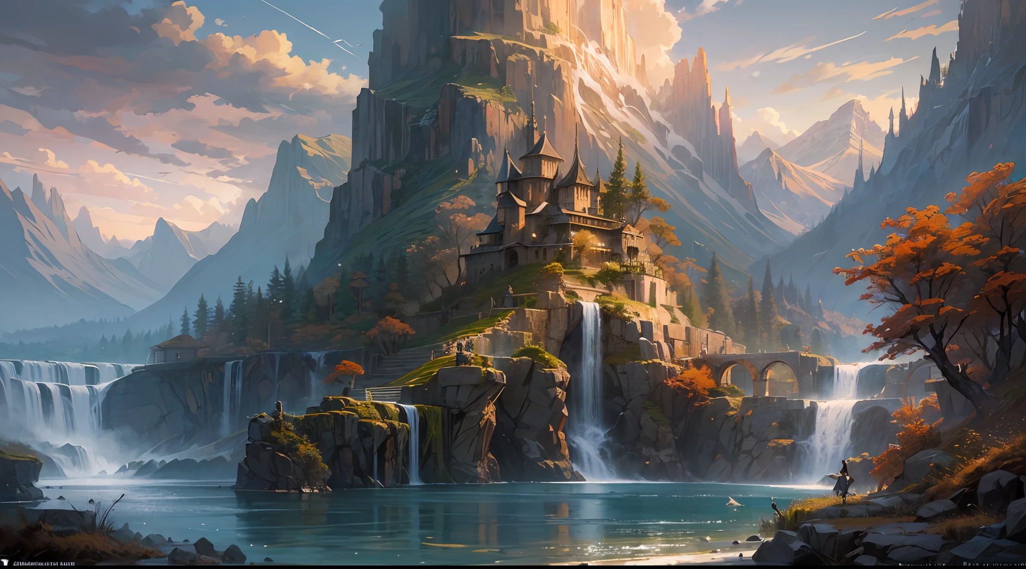 "(by Greg Rutkowski: 1.2), (masterpiece), (best quality), extremely delicate and beautiful, illustration, (fantasy landscape), A mesmerizing fantasy landscape with enchanting elements blending seamlessly. (Majestic mountains rise in the distance), adorned with vibrant flora and cascading waterfalls. The sky is awash with hues of purple and gold, reflecting off the tranquil lake below. A sense of tranquility and wonder fills the air, inviting exploration and discovery, depth of field, HDR, intricate, delicate"