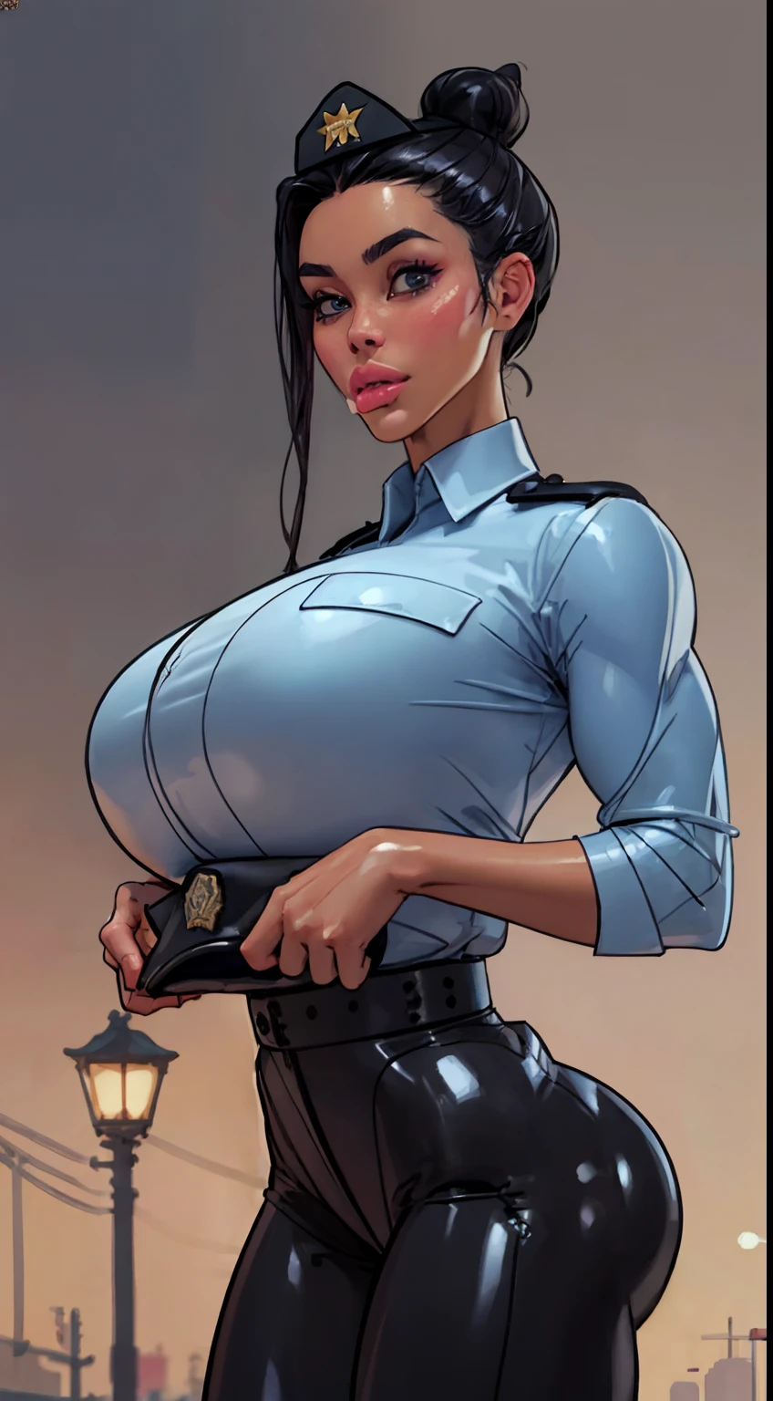 (Cowboy shot:1.5) 1 Same Girl , Perfect Beautiful , mature Face , ((korean woman)), Korean 18 Years Old , ((hair bun:1.4)) , ((police officer outfit)), white police shirt, ((police officer hat:1.7)),Athletic Body , ((gigantic breasts:1.5)) Extreme Detailed Portrait With Bokeh Effect , Realistic Lighting ,(black latex pants)Night Street View , Dark Vibe , (petite body:1.7) streets , Gothic Makeup , Posing Like a Model , Look at Viewer, ((puffy lips:1.3)), cool lighting, blue street lamp light((sunset ambiance light:0.8))
