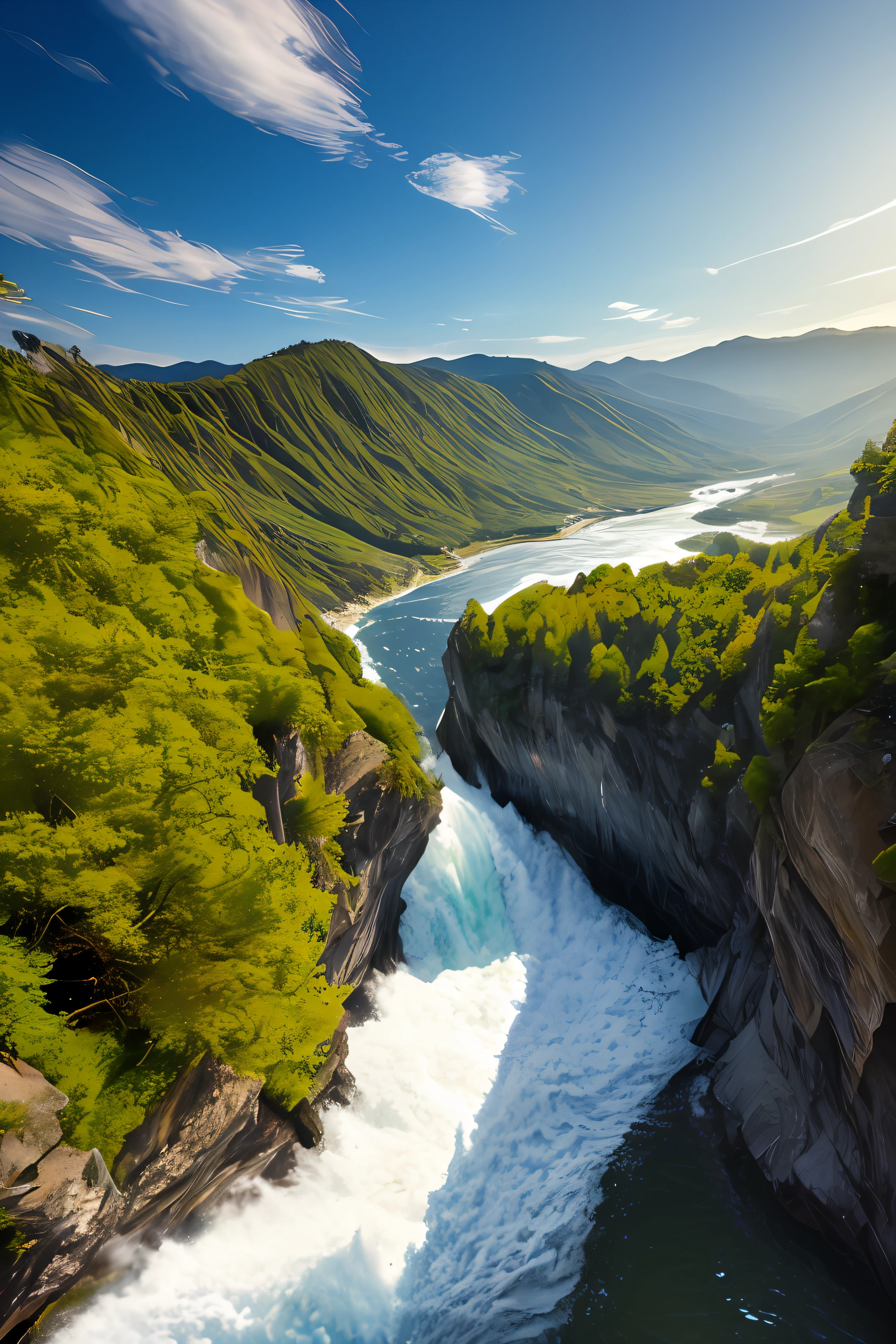 Masterpiece, ultimate quality, Cg unity 8k wallpaper, super delicate, beautiful sky and clouds, rich natural scenery, cliffs, lakes and rivers, trout and salmon jumping up waterfalls and flying water, beautiful green mountains, no trace of people, excellent scenery, has already won a photo contest, background Blurring, full depth of field, HDR high dynamics, true restoration, intricate, extreme details, dramatic presentation, perfectly presenting the style of midjourney art.
