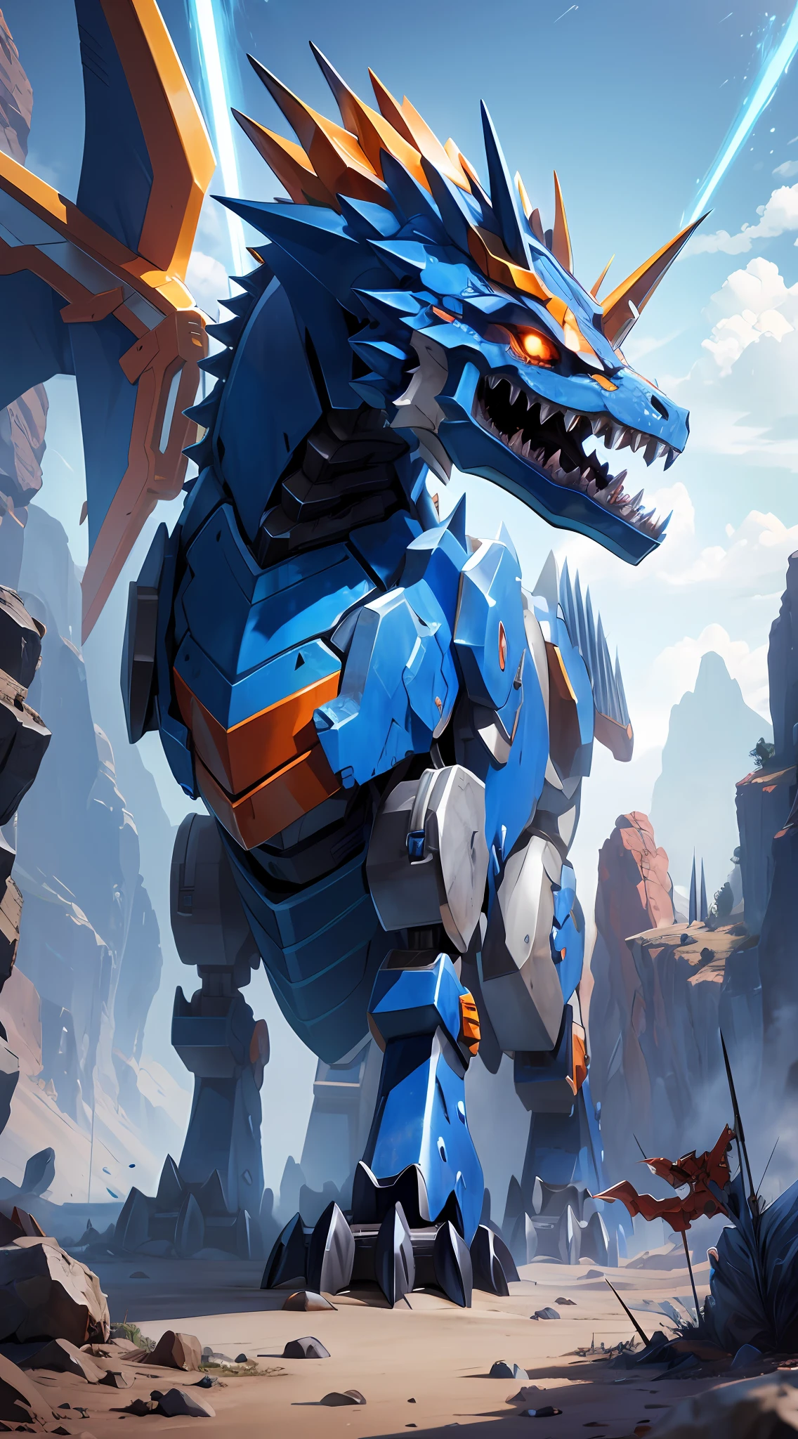 Blue and orange dinosaurs，Mechanical dinosaurs have spikes on their heads, well armored mech dragon, sharp robot dragon paws, Tyrannosaurus rex mech, Mecha faucet, detailed sharp robot dragon feet, sharp robot dragon paws, mecha animal, Sharp and detailed robotic dragon claws, robot dragon claws，Large perspective exaggerated gestures