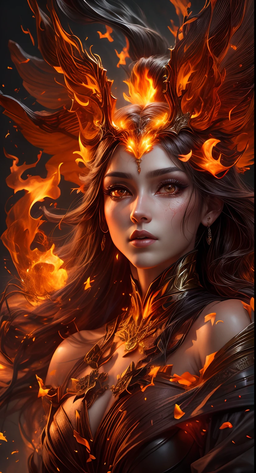 This is a realistic fantasy artwork prominently featuring realistic fire, including wisps of flames, glowing hot embers, subtle curls of smoke, and a beautiful fire druid. The druid stands in the midst of a raging inferno with an interesting composition. Her face is expertly sculpted, with elegant and refined features and perfect shading and realistic skin texture. Her (orange and gold eyes) are stunning and are the focal point of this image. (Her (((eyes extremely detailed))), beautiful detailed eyes, and macro). Her eyes feature intricate detailing with clearly defined irises and bright sclera. Her soft lips are smooth and very puffy, and her skin is adorned with a light flush and ornate fire detailing. Her long gown is stunning and expensive, and is made of pure flames and glittering, ornate jewels that glimmer in the fire light. Her billowing gown glitters from the flames and features a delicately and intricately embroidered bodice with wisps of flames running across it. Include fantasy elements like bumps, stones, fiery iridescence, glowing embers, silk, and an interesting background. Include fiery magical creatures such as fiery birds and fiery butterflies that give off a magical and mystical aura. Lighting: Utilize the latest trends in lighting to enhance the artwork's beauty. Camera: Utilize dynamic composition to create a sense of urgency and excitement. Take inspiration from the current masters of the fantasy genre, including trending artists on Artstation and Midjourney. ((masterpiece))