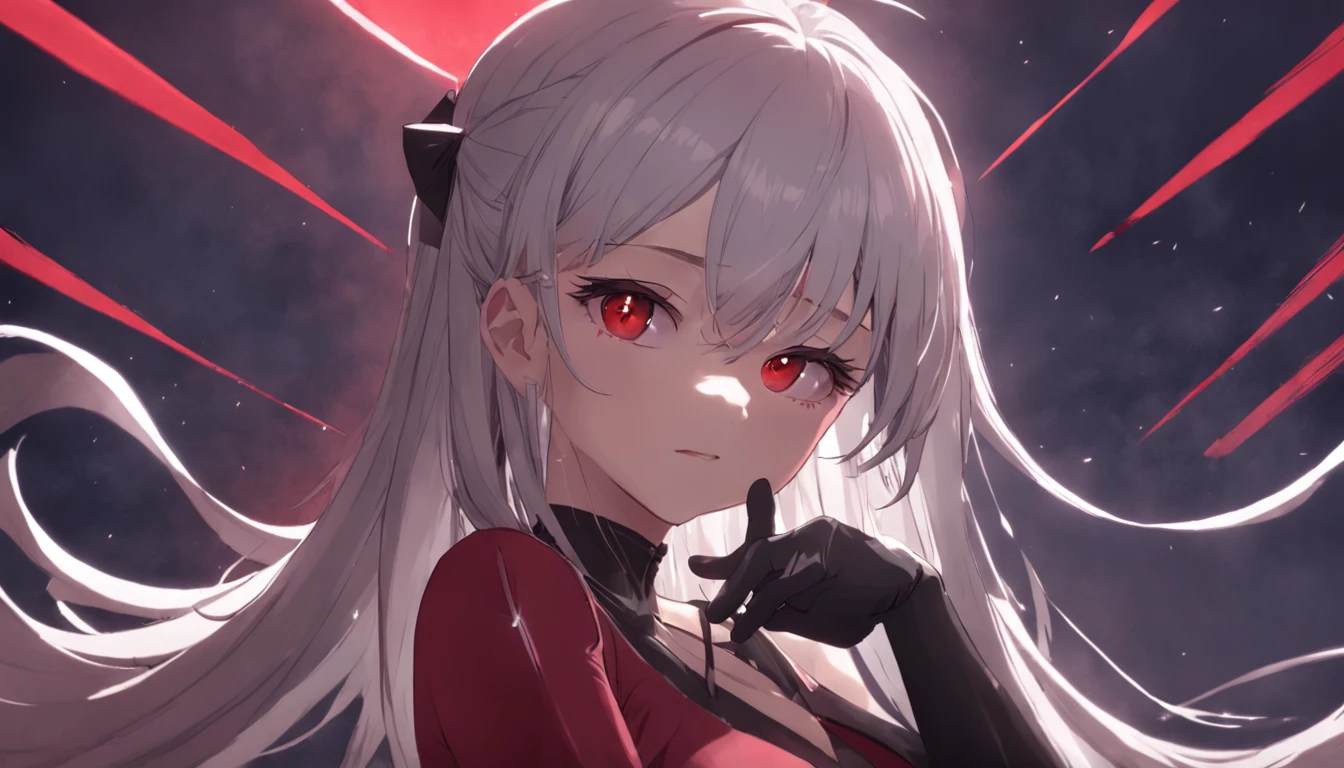 Kizi, By bangs, exposed bare shoulders, Black pantsuit, nedium breasts, Breasts squeezed together, greybackground, hair between eye,, long whitr hair, View viewer, trouser, parted lip, red eyes, The shirt, simplebackground, 无袖, sleeveless shirts, 独奏, high-necksweater, V臂, whaite hair,(Shiny skin),(tmasterpiece:1.4),(best qualtiy:1.4),,,Facigirl,Redlip,nabel,(:1.5),(Clear areola), ,immensity,