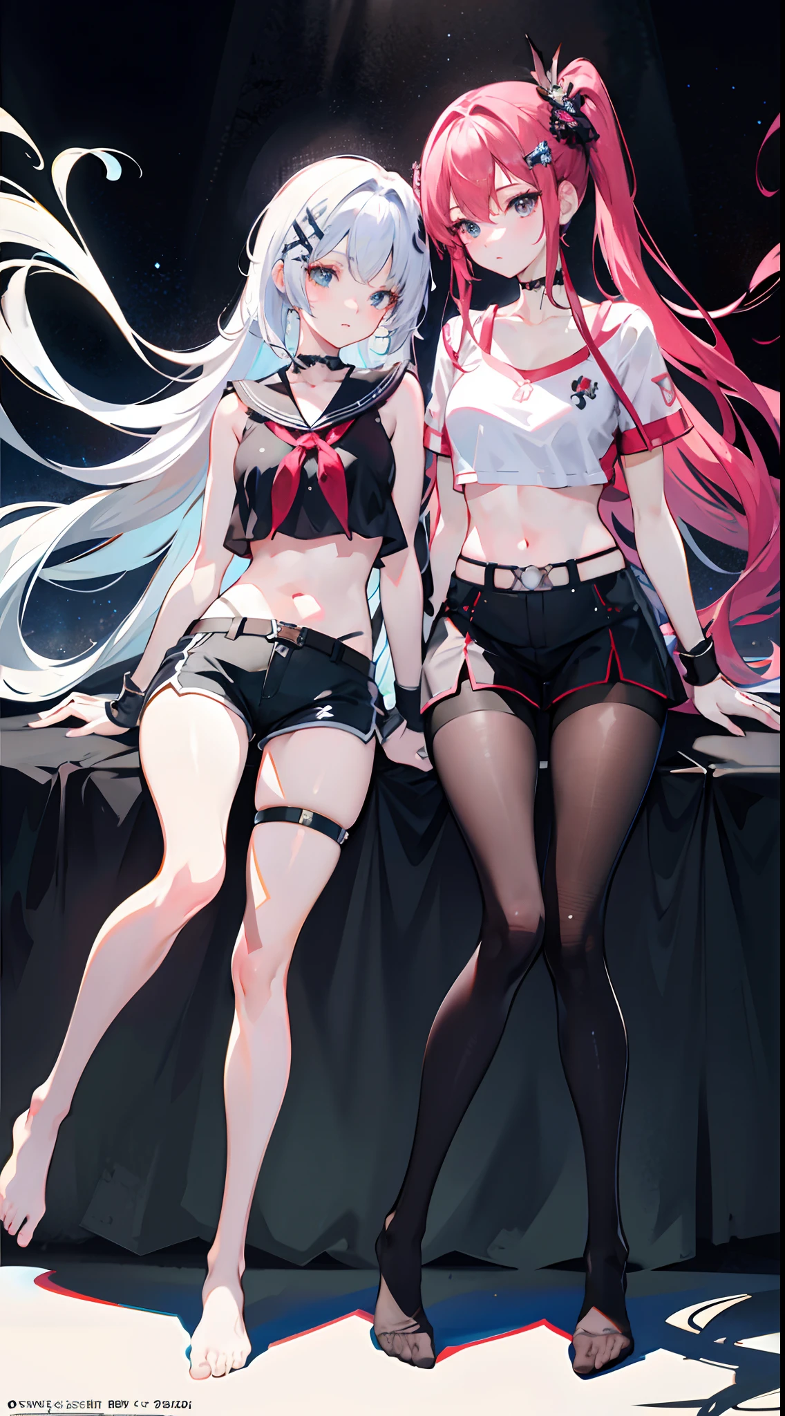 masterpiece,best quality,official art,extremely detailed CG unity 8k wallpaper, 2girls, adorable girl, yuri, hair ornament, short shorts, crop top, pantyhose, ribbon_choker, leg belt,