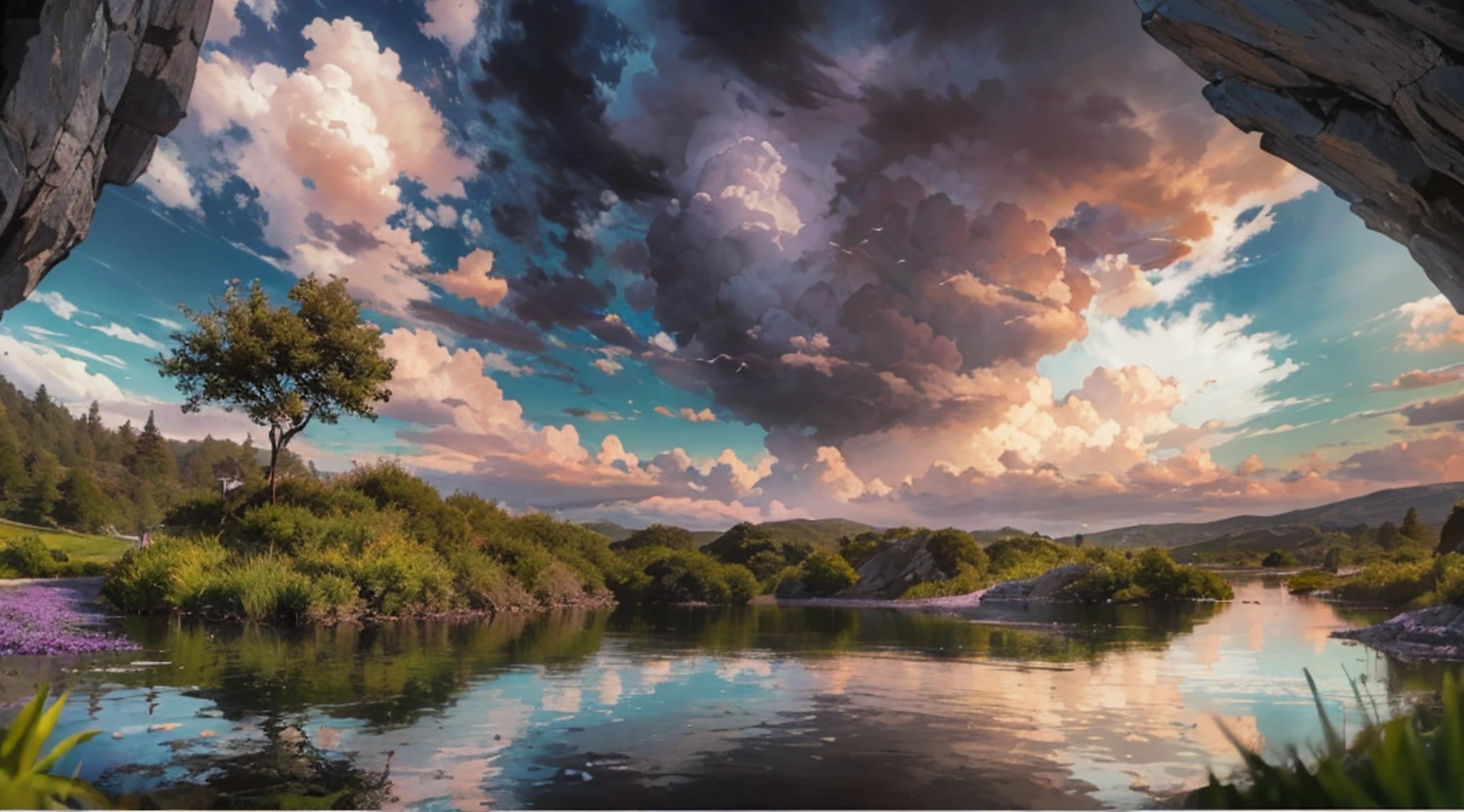 A view of a river with a sky and clouds in the background - SeaArt AI