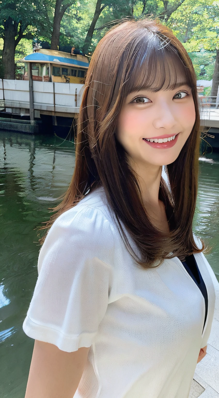 (top-quality、8K、masterpiece:1.3)、Beautiful Women in Perfect Figure:1.4、light brown hair、Spanning Harley-Davidson、full body Esbian、I'm wearing a cool rider suit、de pele branca、By the river、extremely detailed face and skin、A detailed eye、二重まぶた、Colossal tits、A smile