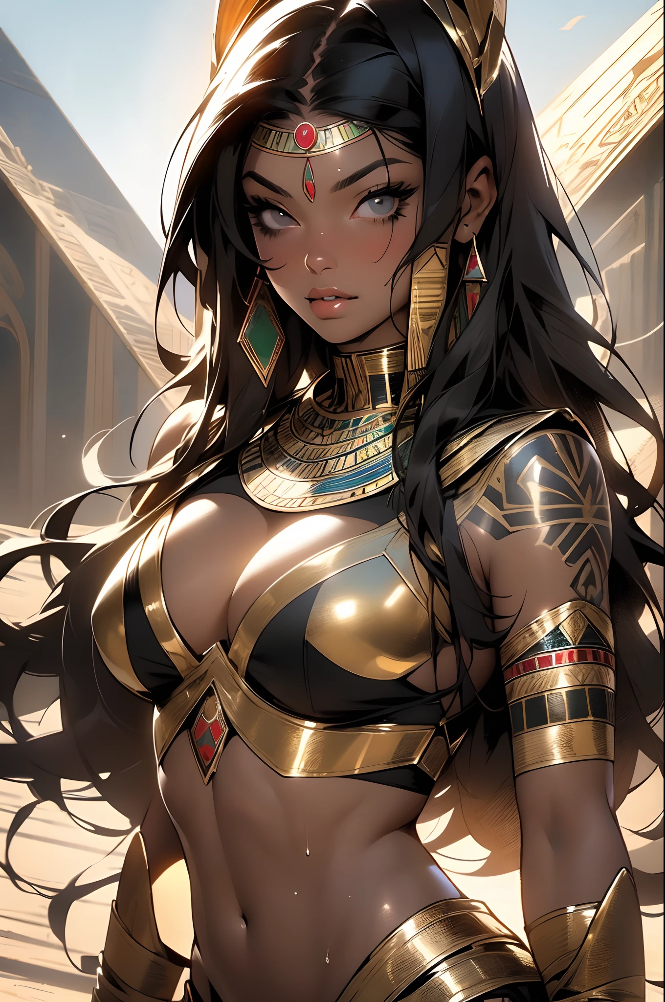 ((Frank Frazetta)), beautiful black woman, Beautiful black eyes、 Egyptian woman, (Egyptian adornments), muscular and perfect body,(top-quality、8K、32K、masterpiece、nffsw:1.3)、超A high resolution,(Photorealsitic:1.4),, long black hair with heavy bangs on the forehead,,Sun glare,depth of fields,By backlight effect、Add depth to your screen、muscular body, Red veil, dark skin shiny with oil and sweat, Anubis warrior in small clothes, golden bra, Egyptian tattoo,, Large breasts, Generous cleavage, , A desert, pyramids in the background