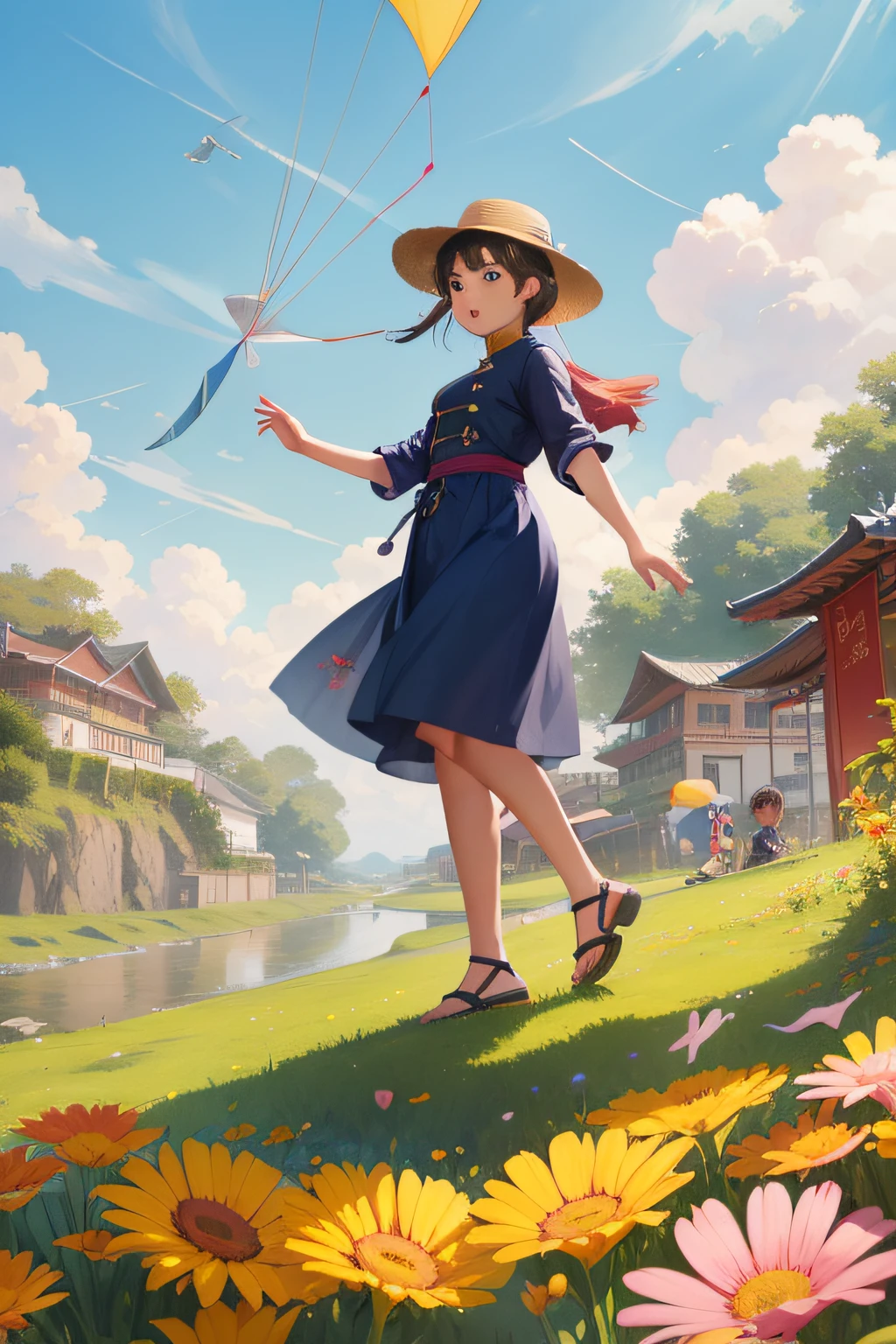A woman flying a kite with many small children,Spring outing,Tano,Chinese kids
