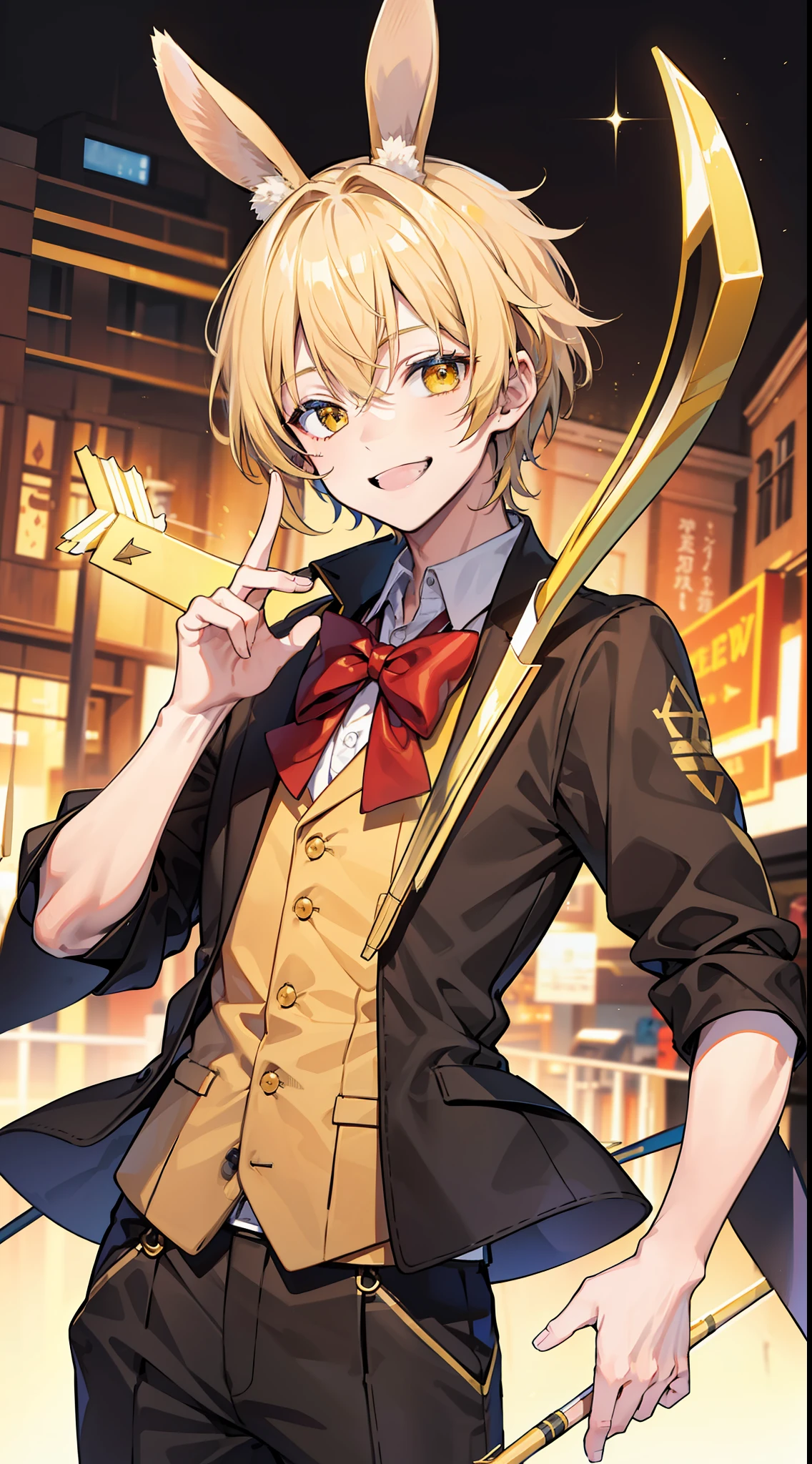 Young guy, blonde hair with brown strands, Yellow eyes, brown rabbit ears, Smile, Bow and arrow, Masterpiece, hiquality