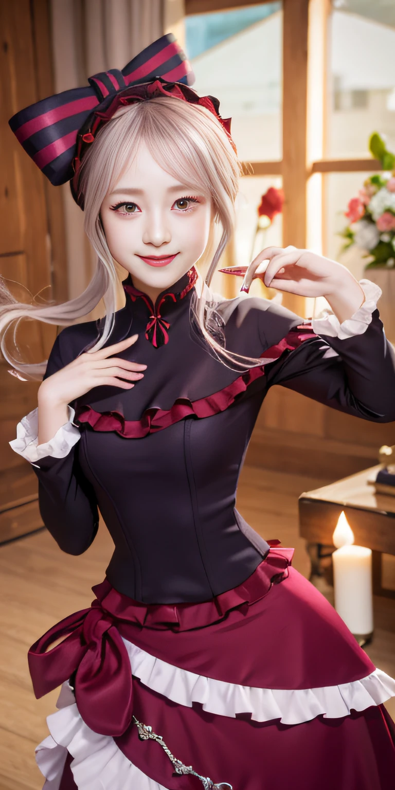 , top-quality, ShalltearV4, 1girl in, 独奏, doress, frilld, the bow, Hair Bow, tusk, Bewitching smile, pale-skinned, Shines, radiant eyes, portraitures,Complete body,double tooth,Red eyes,
