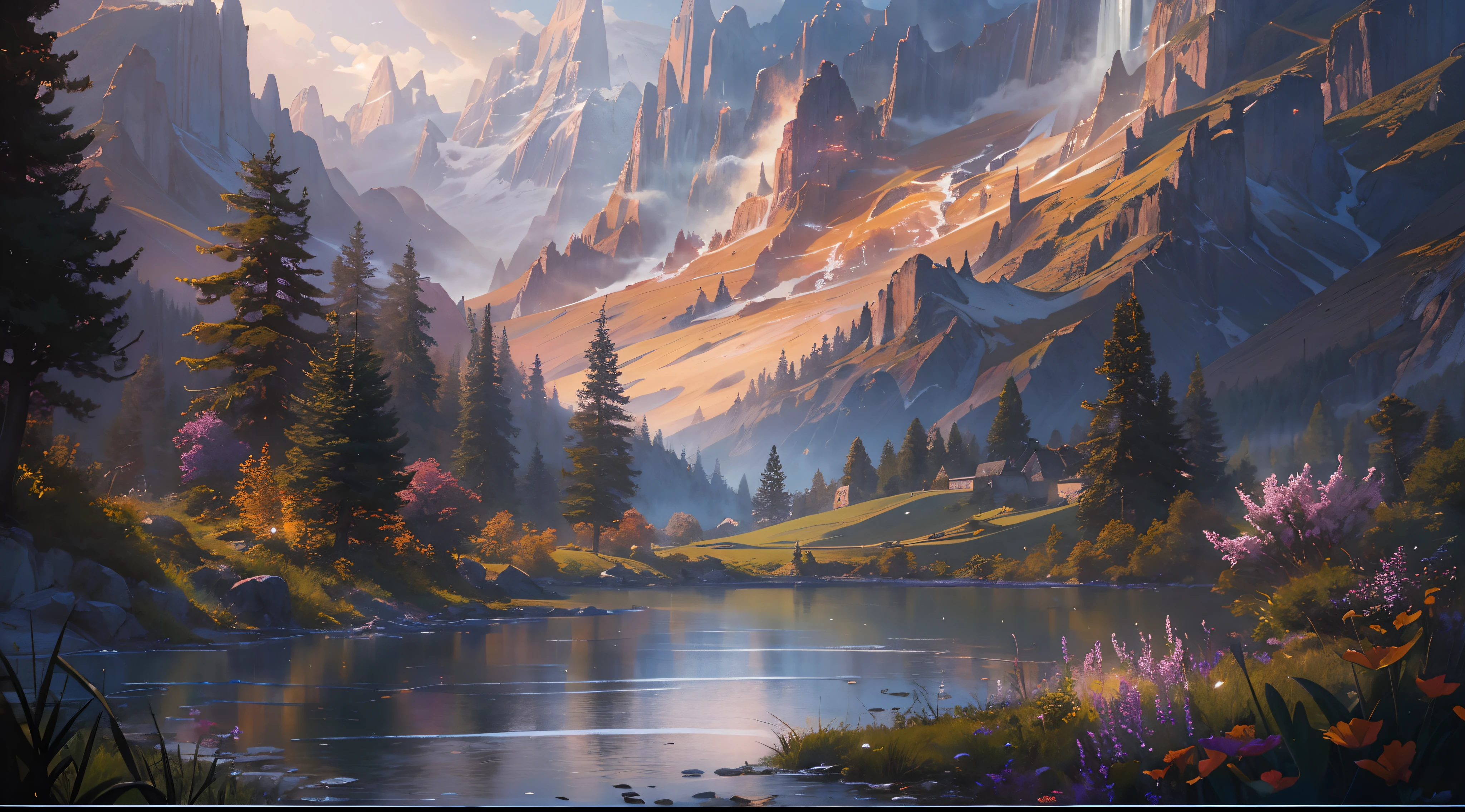 "(by Greg Rutkowski: 1.2), (masterpiece), (best quality), extremely delicate and beautiful, illustration, (fantasy landscape), A mesmerizing fantasy landscape with enchanting elements blending seamlessly. (Majestic mountains rise in the distance), adorned with vibrant flora and cascading waterfalls. The sky is awash with hues of purple and gold, reflecting off the tranquil lake below. A sense of tranquility and wonder fills the air, inviting exploration and discovery, depth of field, HDR, intricate, delicate"
