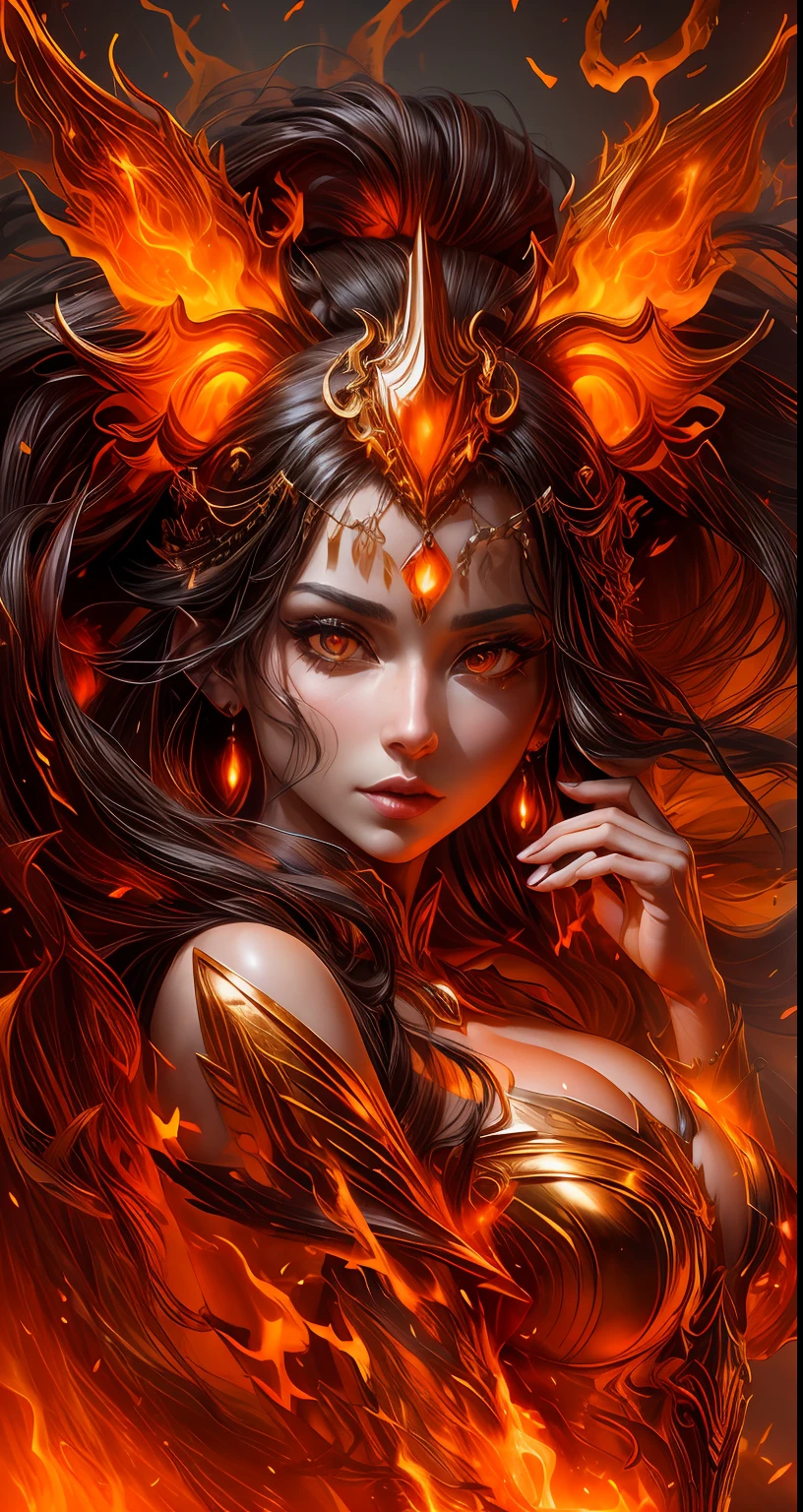 This is a realistic fantasy artwork prominently featuring realistic fire, including wisps of flames, glowing hot embers, subtle curls of smoke, and a beautiful fire druid. The druid stands in the midst of a raging inferno with an interesting composition. Her face is expertly sculpted, with elegant and refined features and perfect shading and realistic skin texture. Her (orange and gold eyes) are stunning and are the focal point of this image. (Her (((eyes extremely detailed))), beautiful detailed eyes, and macro). Her (((eyes feature intricate detailing with clearly defined irises))) and bright sclera. Her soft lips are smooth and very puffy, and her skin is adorned with a light flush and ornate fire detailing. Her long gown is stunning and expensive, and is made of pure flames and glittering, ornate jewels that glimmer in the fire light. Her billowing gown glitters from the flames and features a delicately and intricately embroidered bodice with wisps of flames running across it. Include fantasy elements like bumps, stones, fiery iridescence, glowing embers, silk, and an interesting background. Include fiery magical creatures such as fiery birds and fiery butterflies that give off a magical and mystical aura. Lighting: Utilize the latest trends in lighting to enhance the artwork's beauty. Camera: Utilize dynamic composition to create a sense of urgency and excitement. Take inspiration from the current masters of the fantasy genre, including trending artists on Artstation and Midjourney. ((masterpiece))
