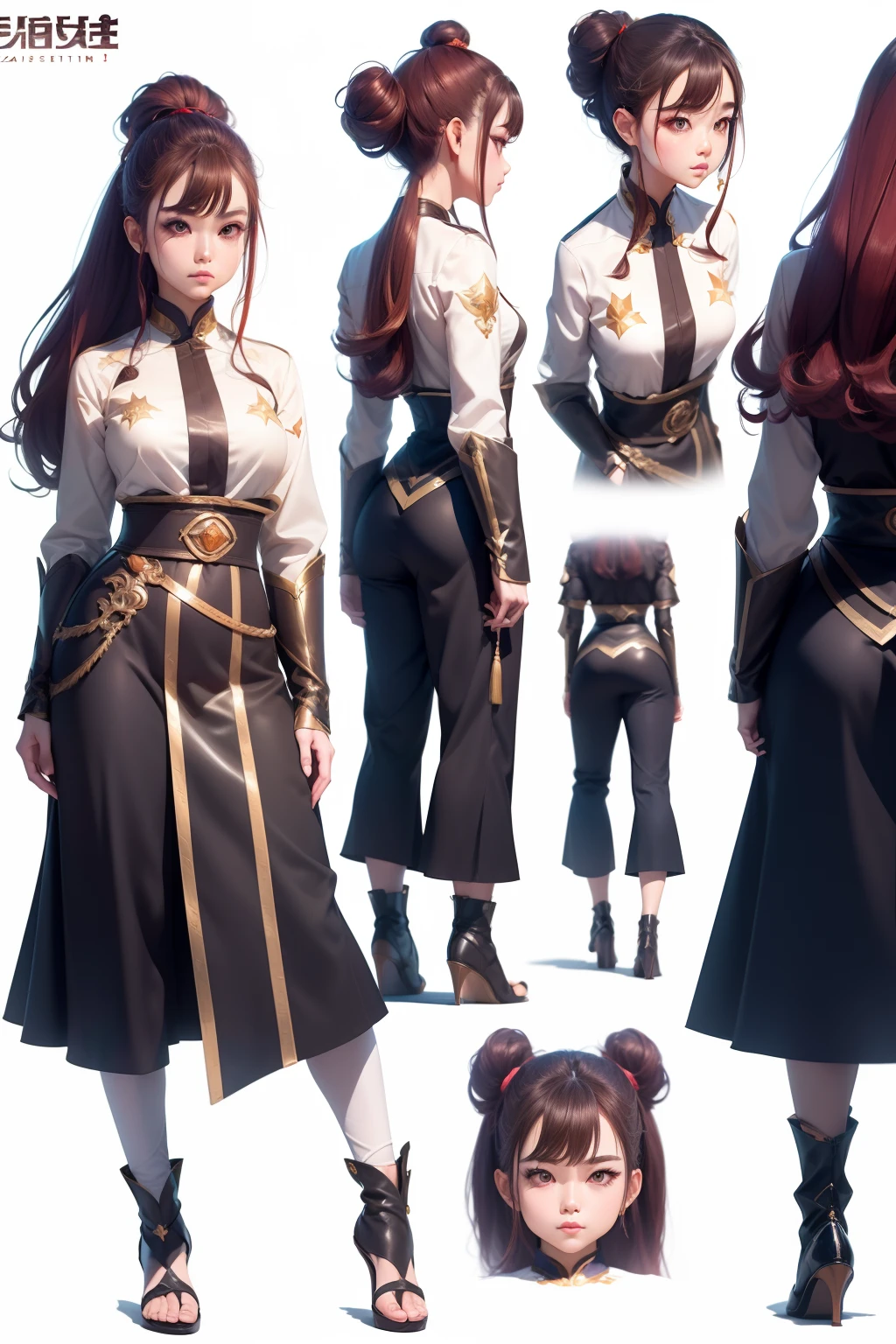 ((masterpiece)),(((best quality))),(character design sheet, same character, front, side, back), illustration, 1 girl, hair color, bangs, hairstyle fax, eyes, environment change scene, Hairstyle Fax, Pose Zitai, Female, Shirt Shangyi, Star, Charturnbetalora, (simple background, white background: 1.3), --6