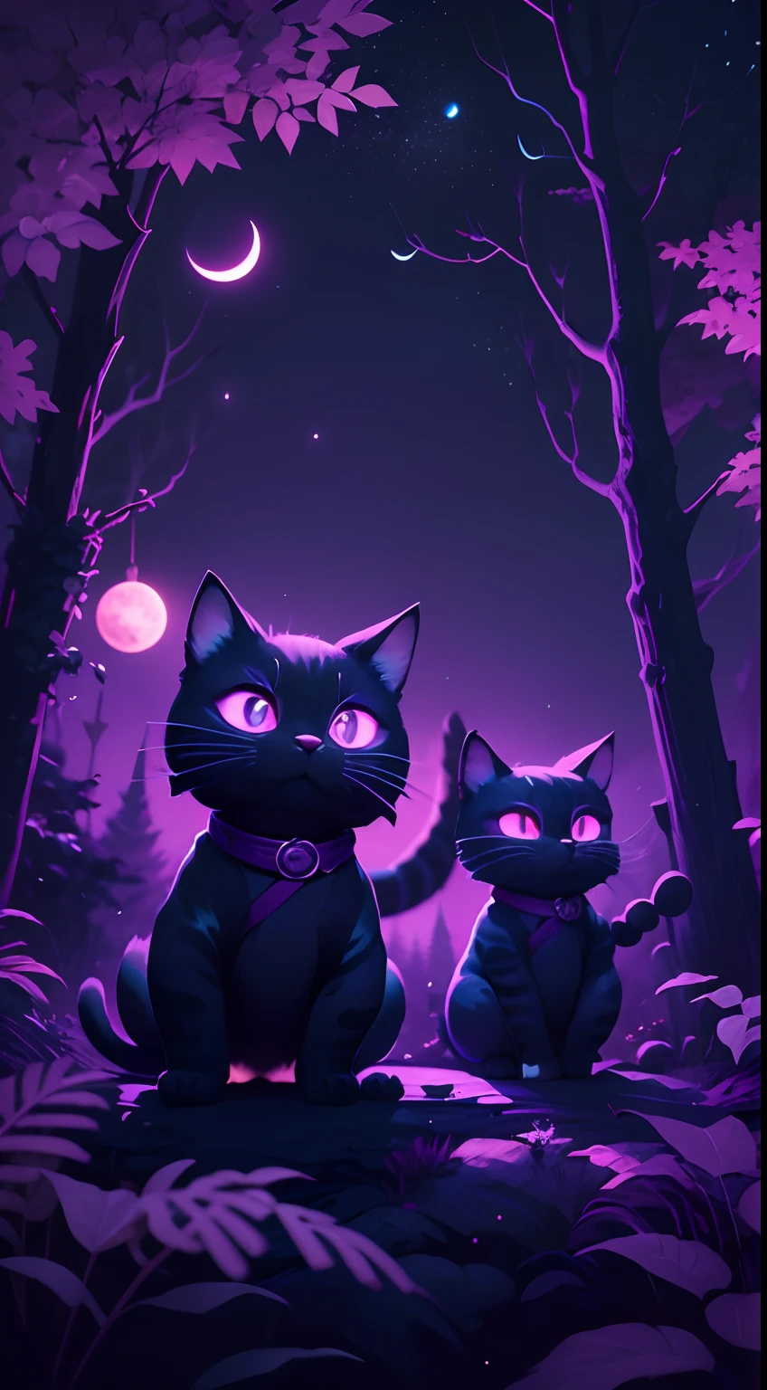 Create vibrant dark fantasy cute ninja cats in a concise minimalist cartoon style, Beautiful forest and bright purple moon in the background, rendering by octane, 8K