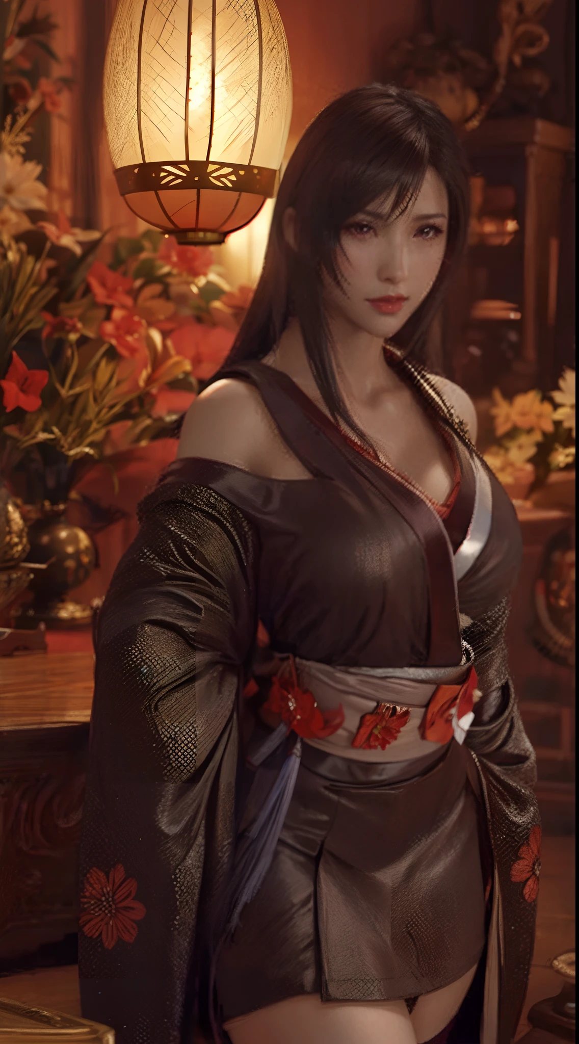 Woman in kimono costume, seductive tifa lockhart portrait, tifa lockhart, Seductive Anime Girl, beautiful alluring anime woman, very detailed Artgerm, glamorous tifa lockheart, 8k high quality detailed art,
