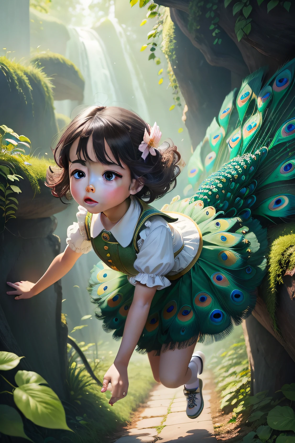 a lovely kid giFlying on a very beautiful peacock,The scene is complex and vivid,beautiful with detail,high-definition picture quality