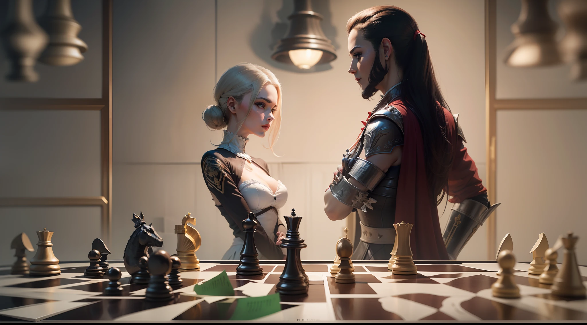 "4k chess game with emphasis on a woman on the right side and man on the left side."