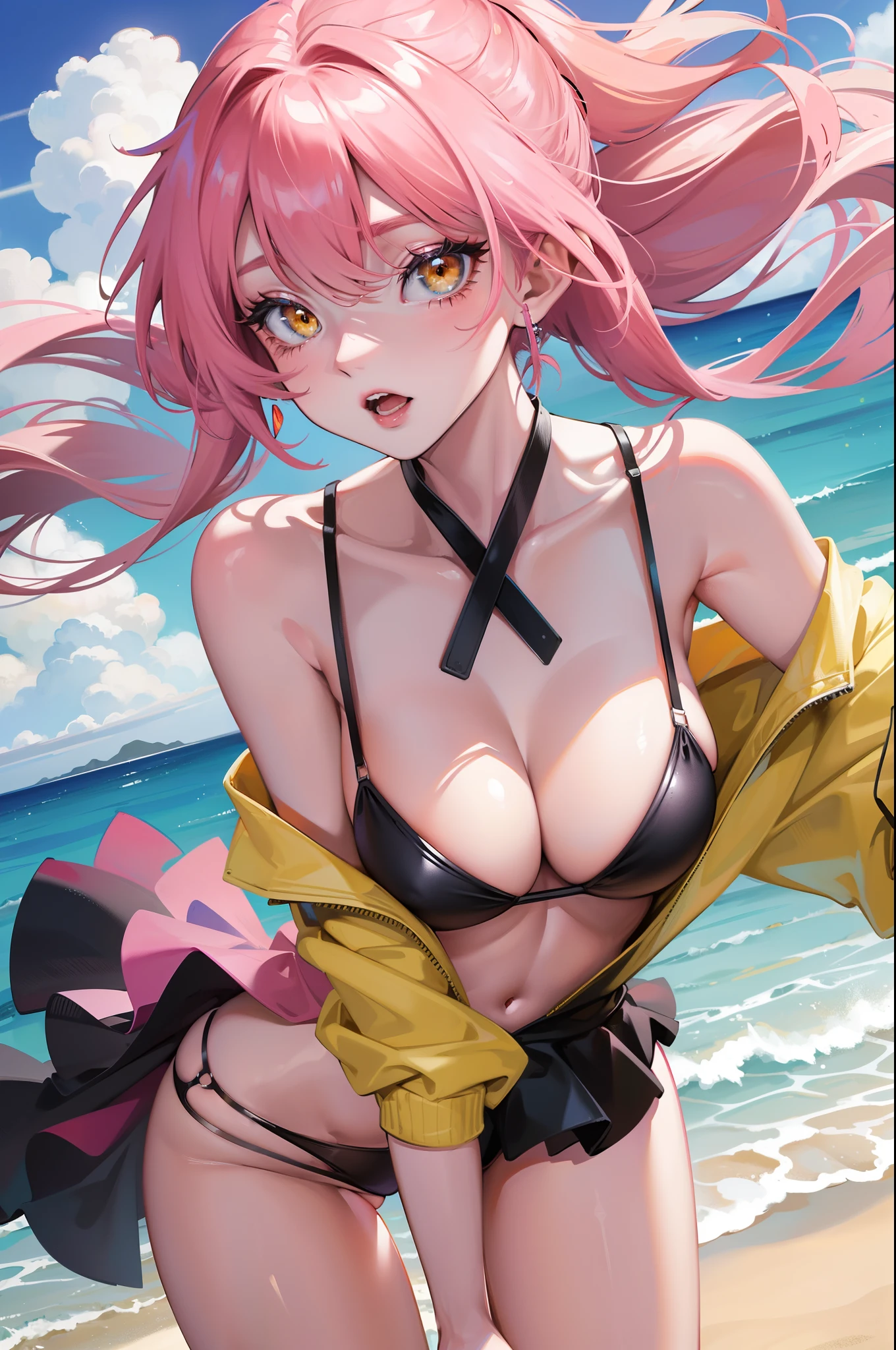 On the beach,Playing with your posture,A pink-haired,Yellow eyes,very seductive,Detailed digital anime art,Blue swimsuit,big breasts beautiful,Need
