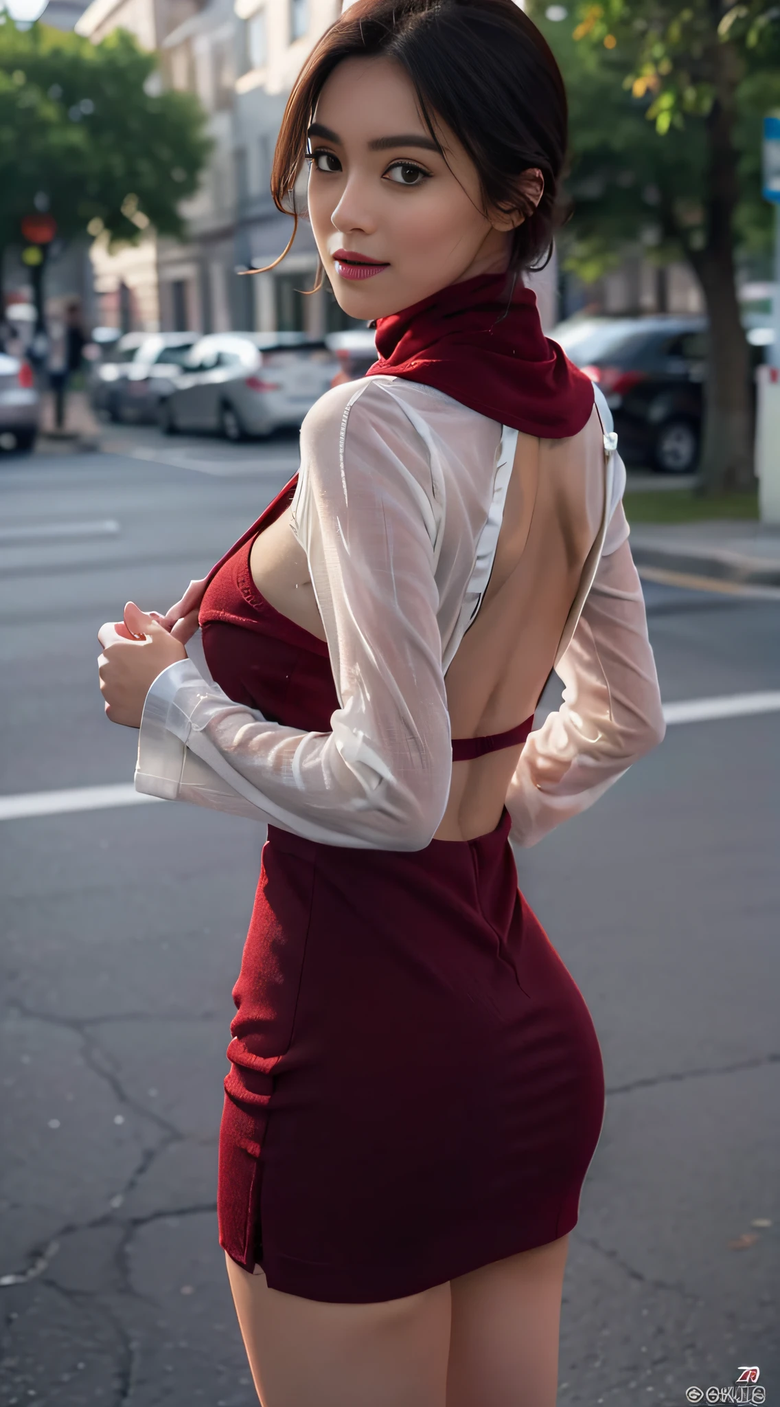 (Extremely detailed, parking lot, filigree, , plumw, Bigchest, huge tit,No milk， M cup, Raised sexy,1 woman, Red turtleneck dress transparent：0.8，Take off your skirt：1.5，（The reveal panties，Black panty），Refined face, largeaperture,full bodyesbian：1.8,Close-up of people，Shot on the back，ass focus